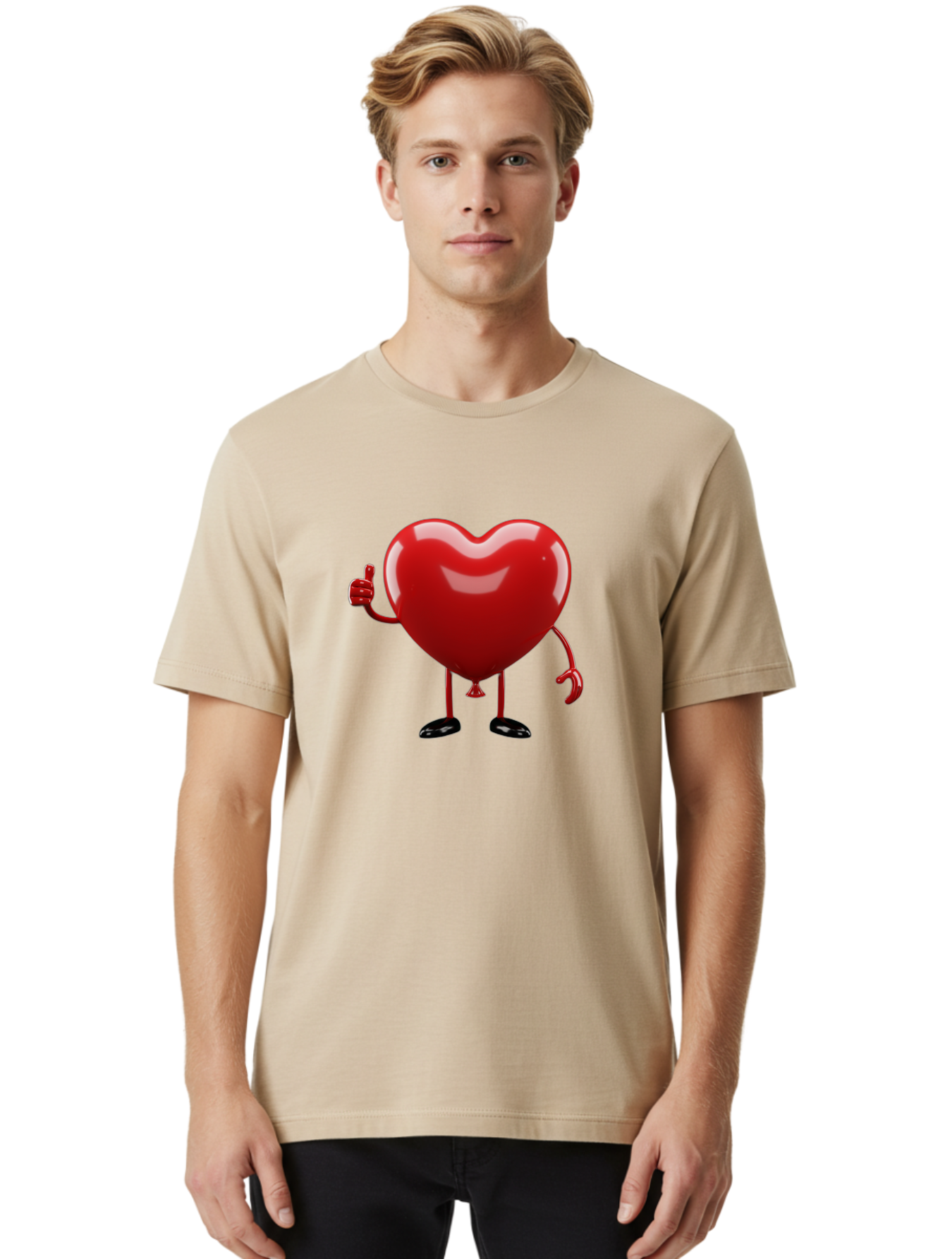 Red-Heart-Character-2 Men'S Graphic Tee, 100% Cotton, Comfortable Casual Summer Wear, Machine Washable, Heart Character With Thumbs Up, Red Heart, Love Symbol, Cartoon Heart, Happiness, Heart Shape, Love Icon, Positive Gesture, Bae250 20