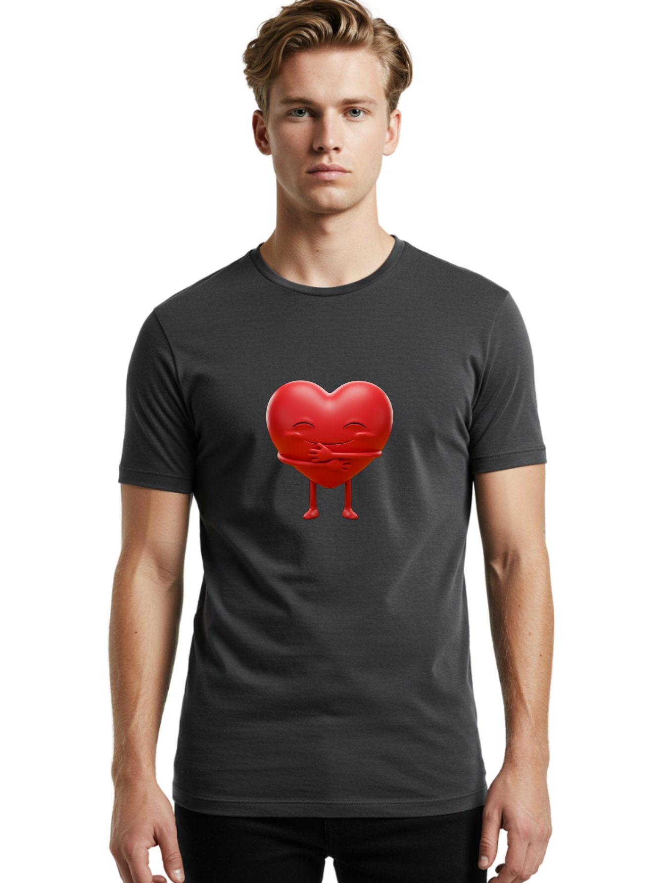 Red-Heart-Character Men'S Graphic Tee, 100% Cotton, Comfortable Casual Summer Wear, Machine Washable, Cartoon Heart Character, Heart Touching Hand, Happy Heart, Heart Smiling Face, Cute Cartoon Character, Heart With Legs, Bae251 21