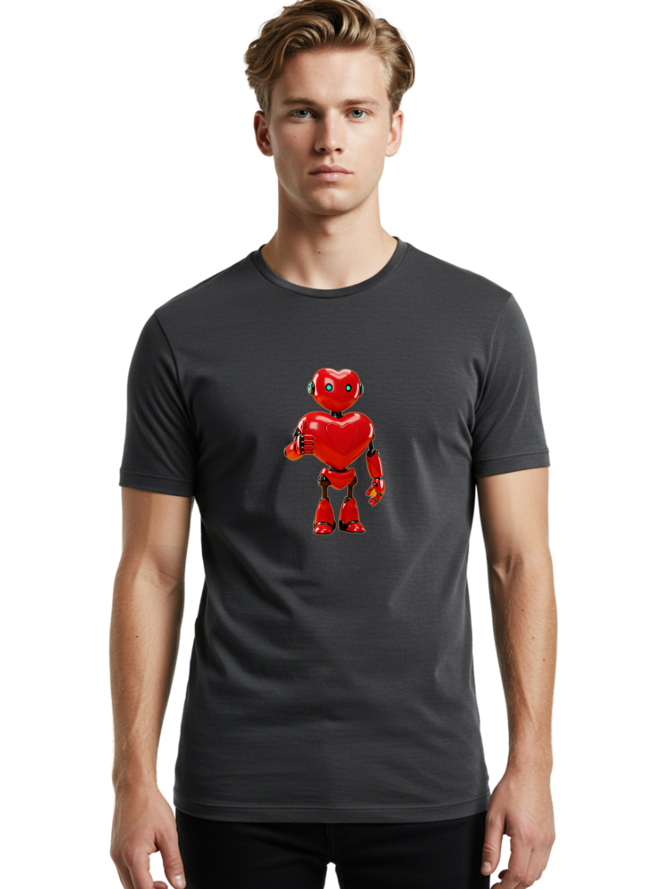 Red-Heart-Robot Men'S Graphic Tee, 100% Cotton, Comfortable Casual Summer Wear, Machine Washable, Red Robot With Heart-Shaped Body, Futuristic Design, Heart-Shaped Head, Blue Glowing Eyes, Robotic Lover, Cyborg, Shiny Red Metal, Bae253 26