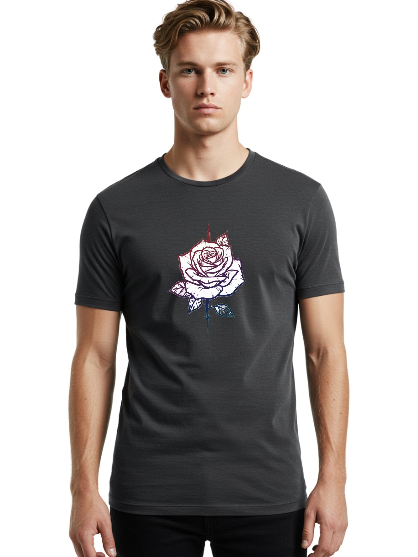 Rose-1 Men'S Graphic Tee, 100% Cotton, Comfortable Casual Summer Wear, Machine Washable, Black And White Rose Illustration, Tattoo Style Rose, Minimalist Design, Elegant Floral Art, Dark Linework, Rose Silhouette, Simple Yet Striking Bae257 30