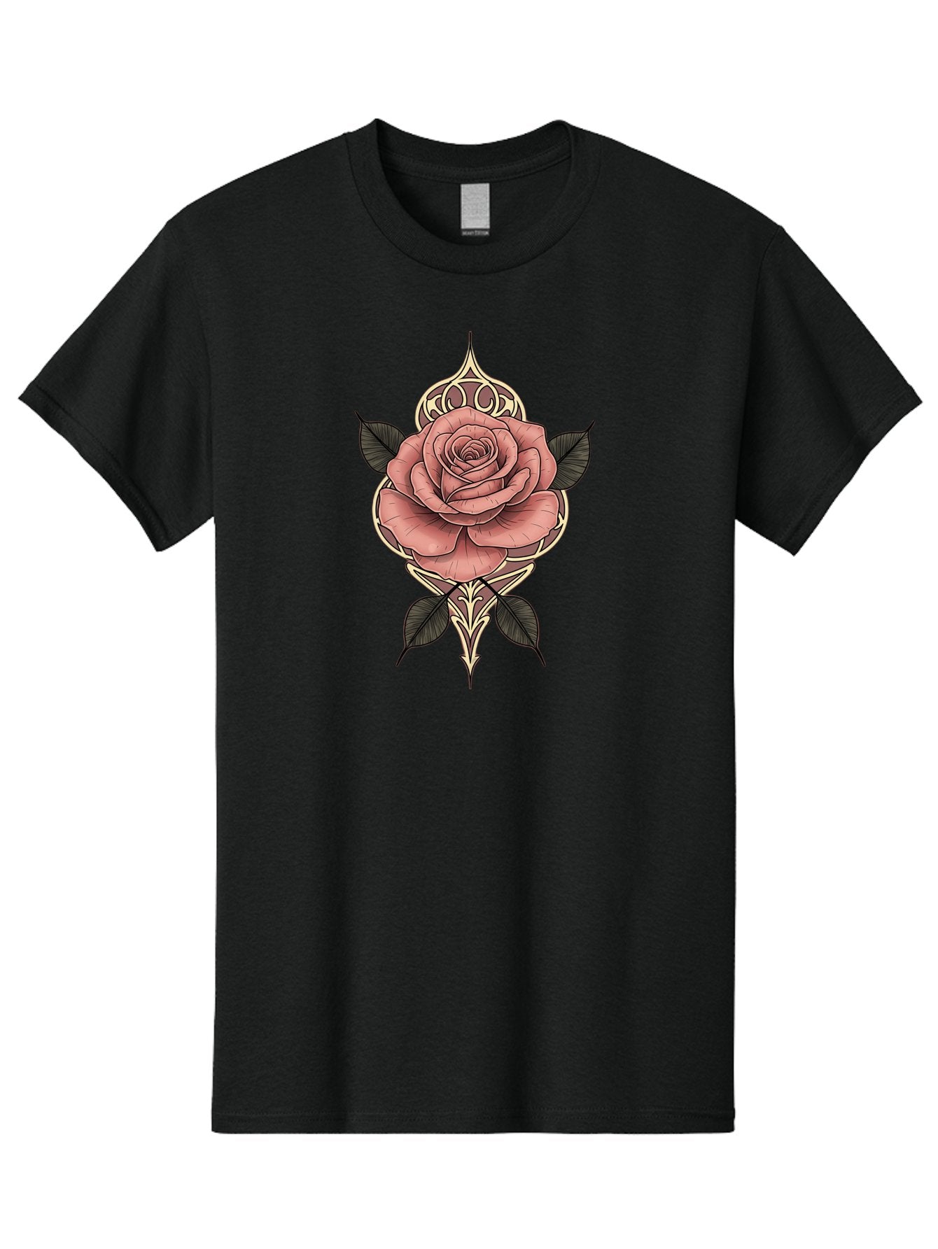 Rose-Illustration Men'S Graphic Tee, 100% Cotton, Comfortable Casual Summer Wear, Machine Washable, Stylized Rose Illustration, Decorative Floral Design, Pink Rose, Black Leaves, Intricate Line Art, Ornate Details, Body Art Inspiration, Bae258 4