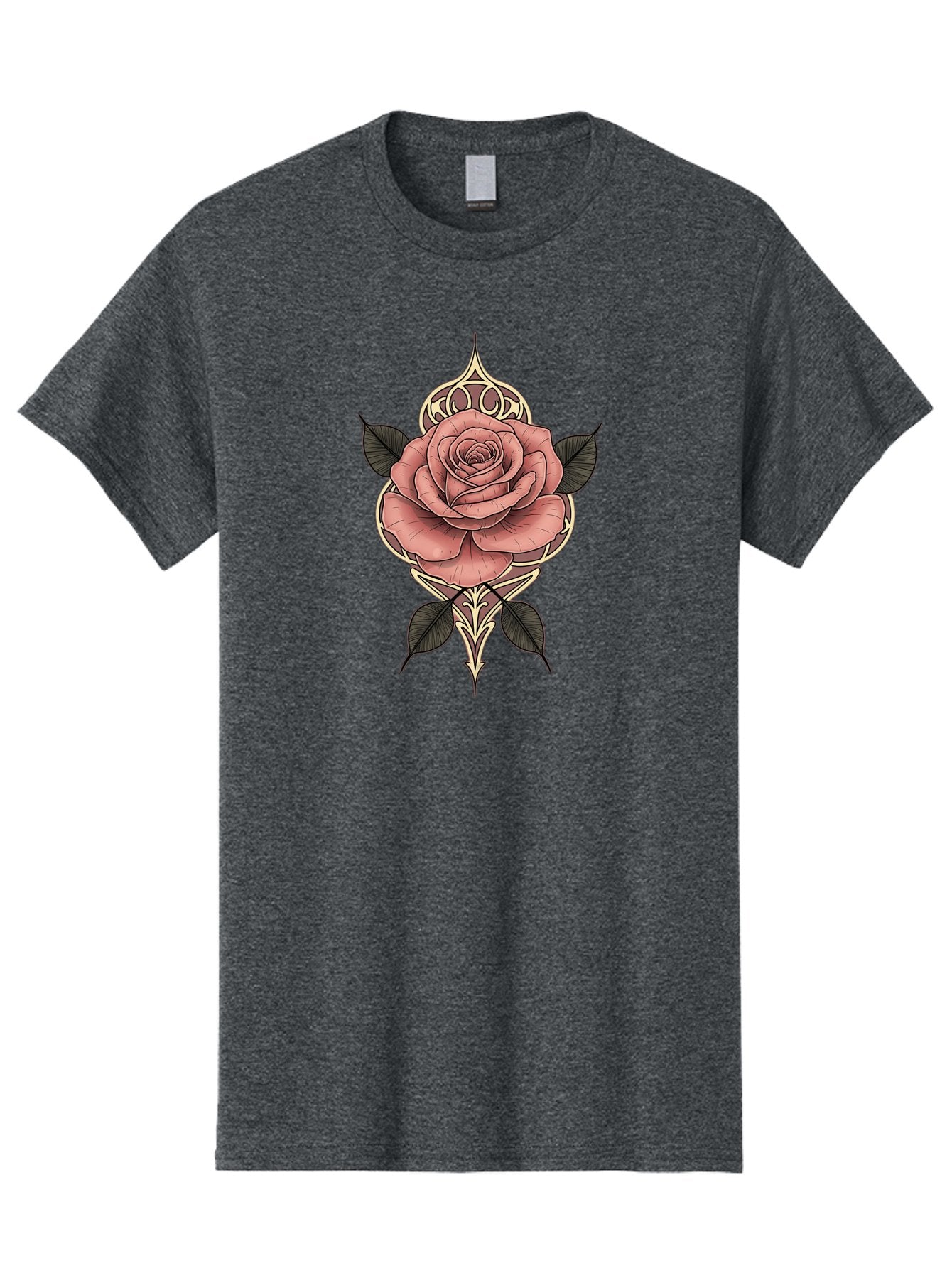 Rose-Illustration Men'S Graphic Tee, 100% Cotton, Comfortable Casual Summer Wear, Machine Washable, Stylized Rose Illustration, Decorative Floral Design, Pink Rose, Black Leaves, Intricate Line Art, Ornate Details, Body Art Inspiration, Bae258 6