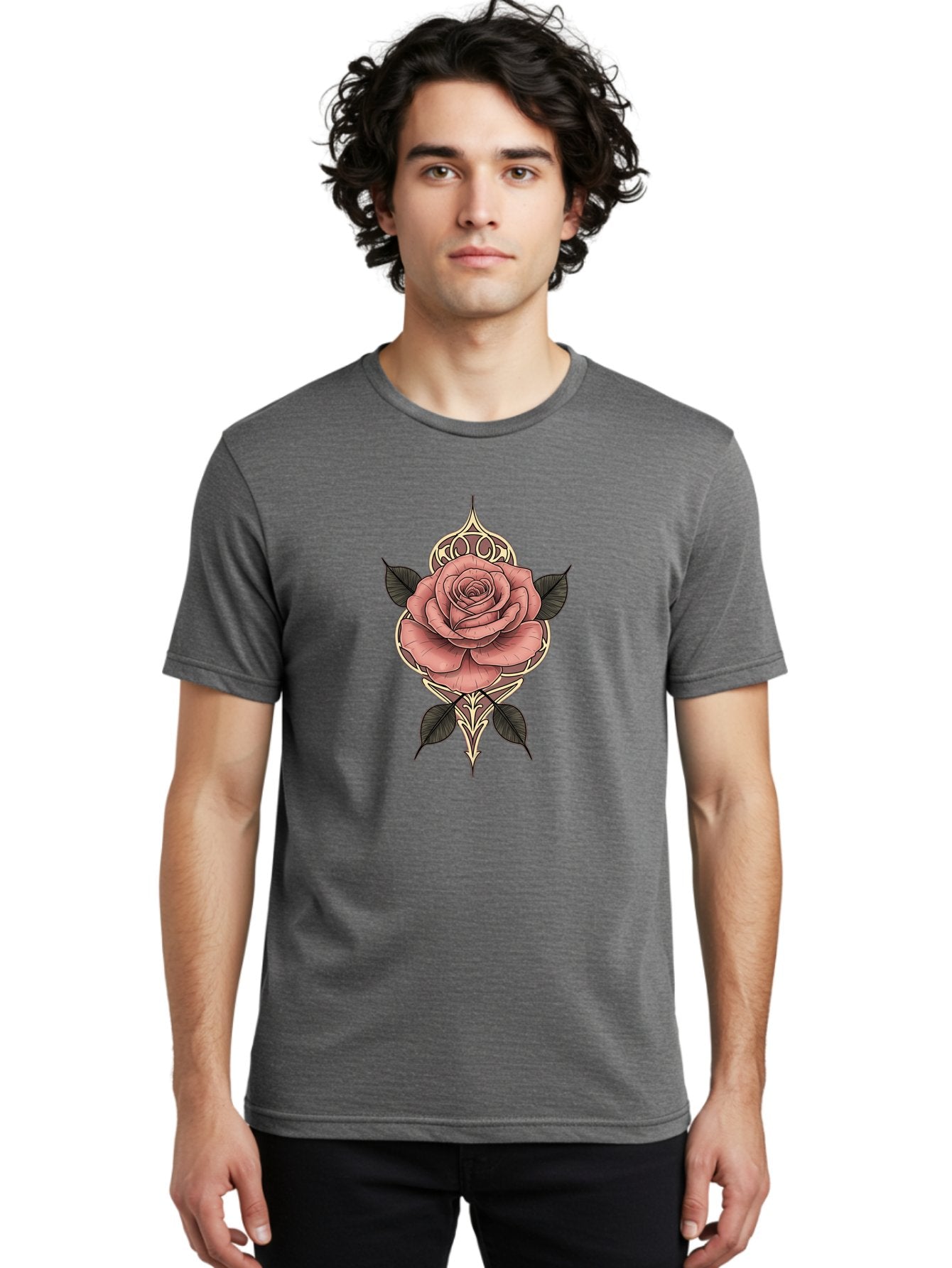 Rose-Illustration Men'S Graphic Tee, 100% Cotton, Comfortable Casual Summer Wear, Machine Washable, Stylized Rose Illustration, Decorative Floral Design, Pink Rose, Black Leaves, Intricate Line Art, Ornate Details, Body Art Inspiration, Bae258 26