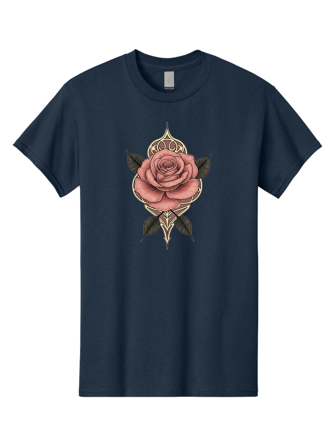Rose-Illustration Men'S Graphic Tee, 100% Cotton, Comfortable Casual Summer Wear, Machine Washable, Stylized Rose Illustration, Decorative Floral Design, Pink Rose, Black Leaves, Intricate Line Art, Ornate Details, Body Art Inspiration, Bae258