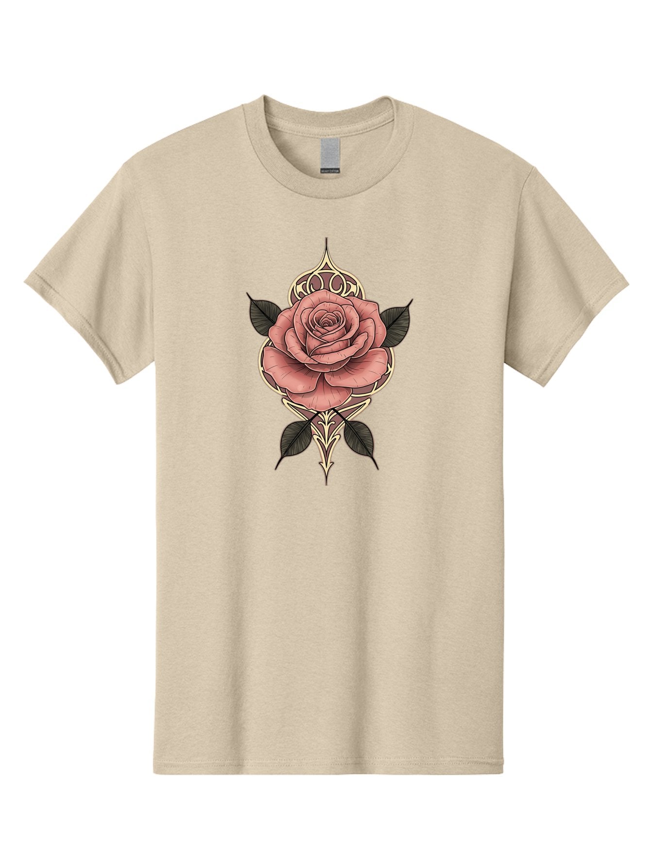 Rose-Illustration Men'S Graphic Tee, 100% Cotton, Comfortable Casual Summer Wear, Machine Washable, Stylized Rose Illustration, Decorative Floral Design, Pink Rose, Black Leaves, Intricate Line Art, Ornate Details, Body Art Inspiration, Bae258 12