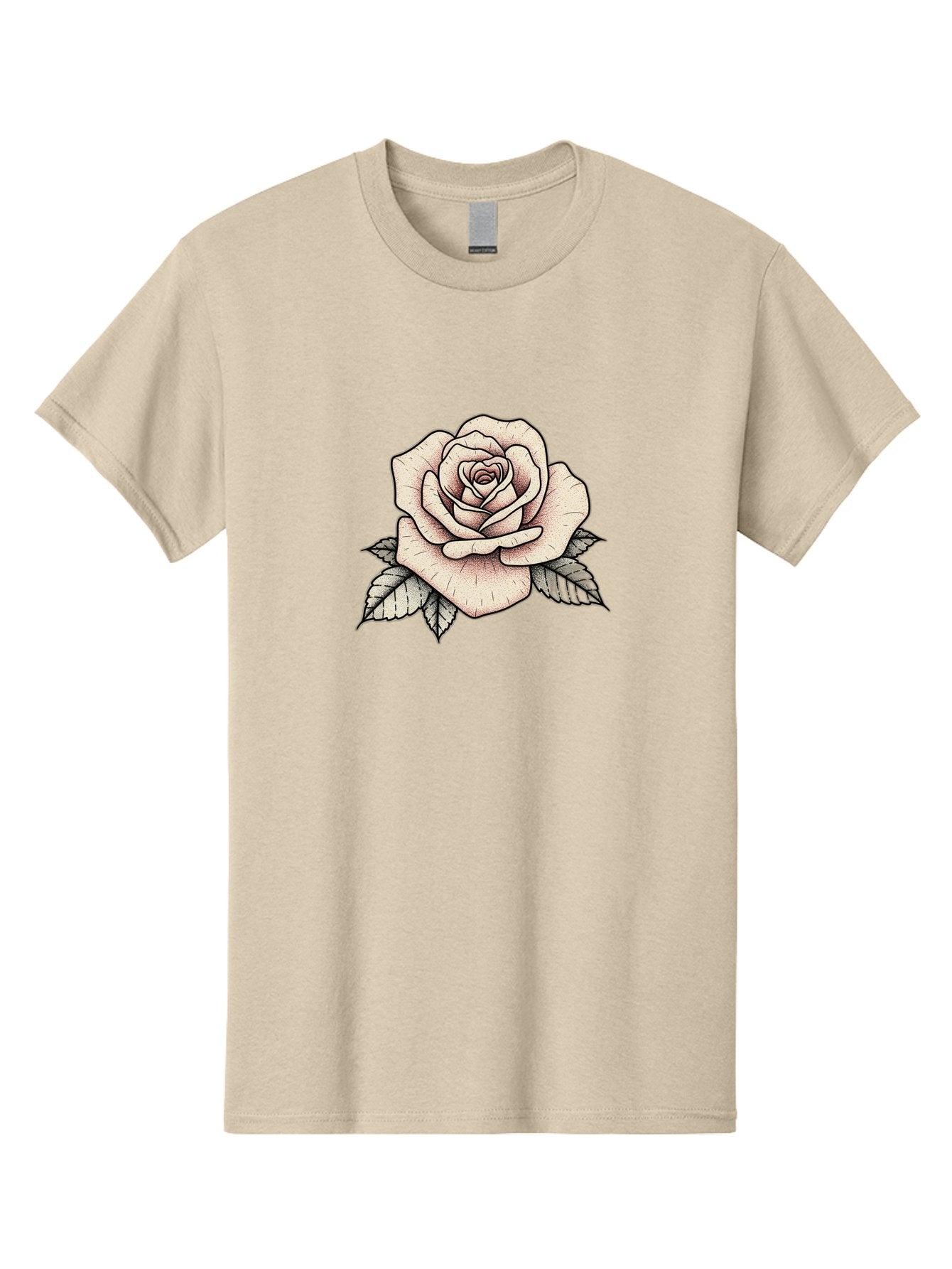 Rose-With-Leaves Men'S Graphic Tee, 100% Cotton, Comfortable Casual Summer Wear, Machine Washable, Tattoo Style Rose, Illustration Art, Floral Design, Love Symbol, Delicate Petals, Leafy Greens, Ink Art, Classic Flower Bae259 9