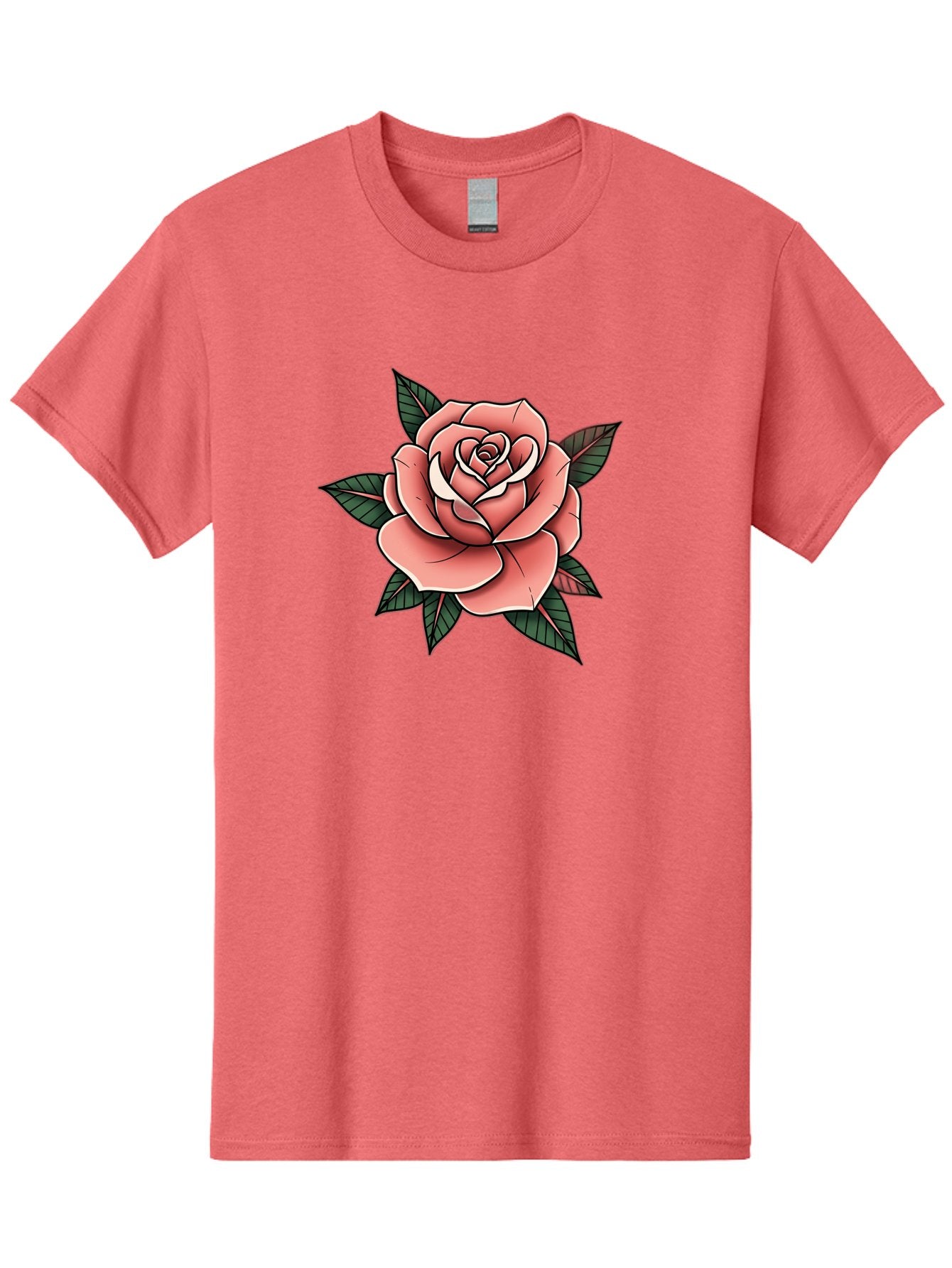 Rose Men'S Graphic Tee, 100% Cotton, Comfortable Casual Summer Wear, Machine Washable, Pink Rose, Flower Illustration, Tattoo Art, Green Leaves, Black Outlines, White Highlights, Floral Design, Botanical Art, Graphic Design Bae260 5
