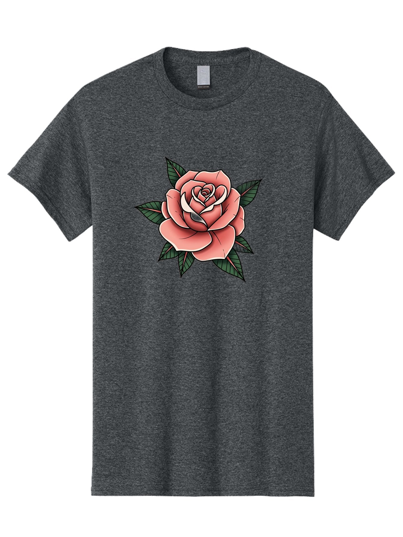 Rose Men'S Graphic Tee, 100% Cotton, Comfortable Casual Summer Wear, Machine Washable, Pink Rose, Flower Illustration, Tattoo Art, Green Leaves, Black Outlines, White Highlights, Floral Design, Botanical Art, Graphic Design Bae260 7
