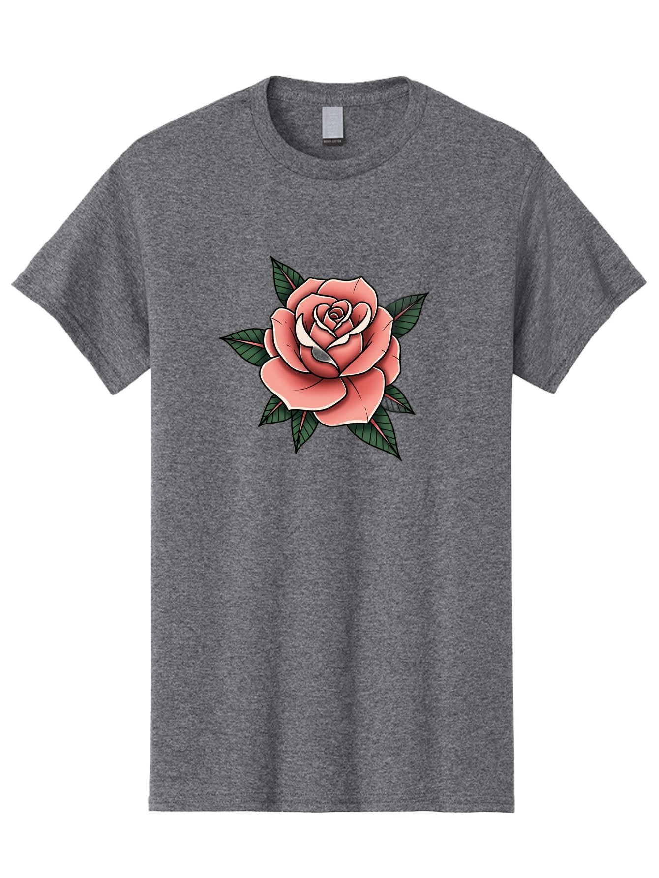 Rose Men'S Graphic Tee, 100% Cotton, Comfortable Casual Summer Wear, Machine Washable, Pink Rose, Flower Illustration, Tattoo Art, Green Leaves, Black Outlines, White Highlights, Floral Design, Botanical Art, Graphic Design Bae260 6