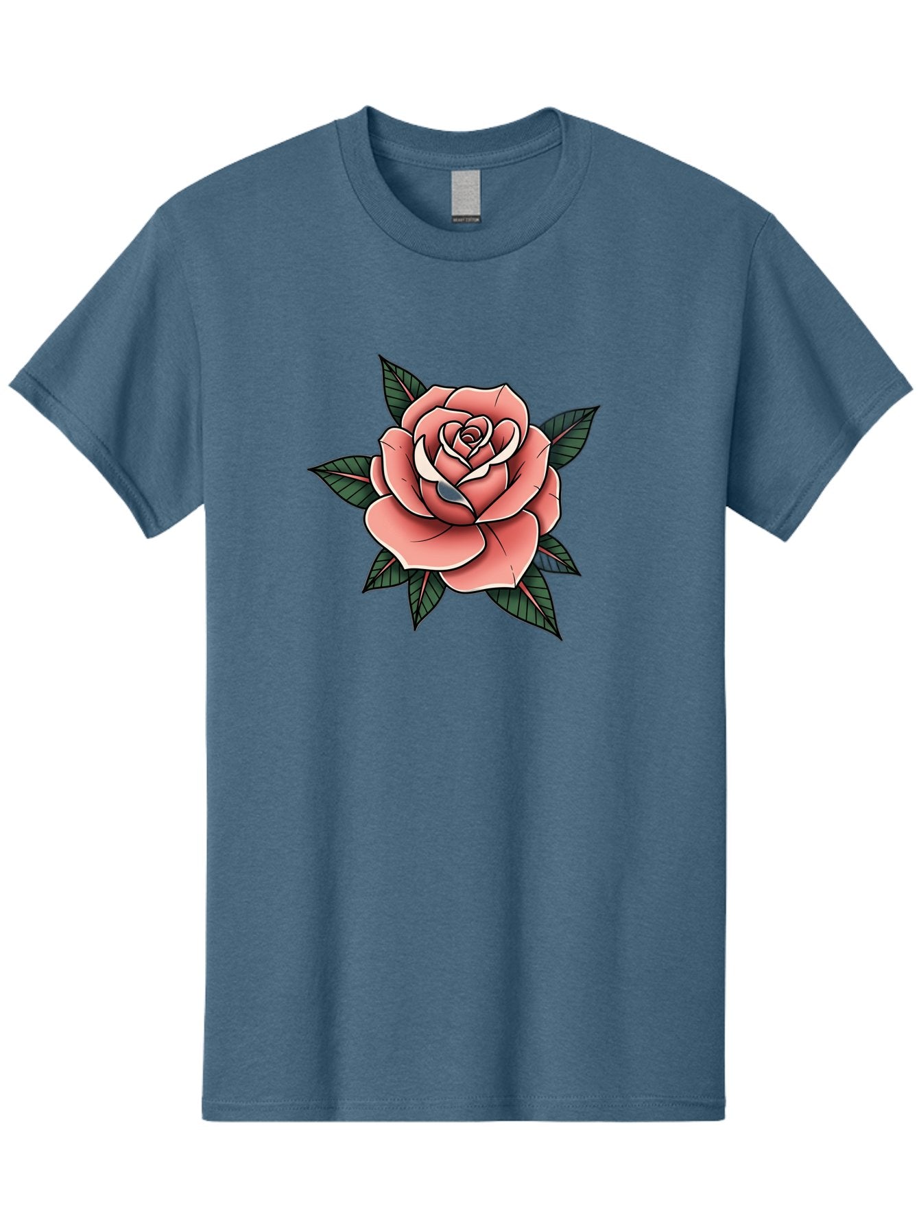 Rose Men'S Graphic Tee, 100% Cotton, Comfortable Casual Summer Wear, Machine Washable, Pink Rose, Flower Illustration, Tattoo Art, Green Leaves, Black Outlines, White Highlights, Floral Design, Botanical Art, Graphic Design Bae260 9