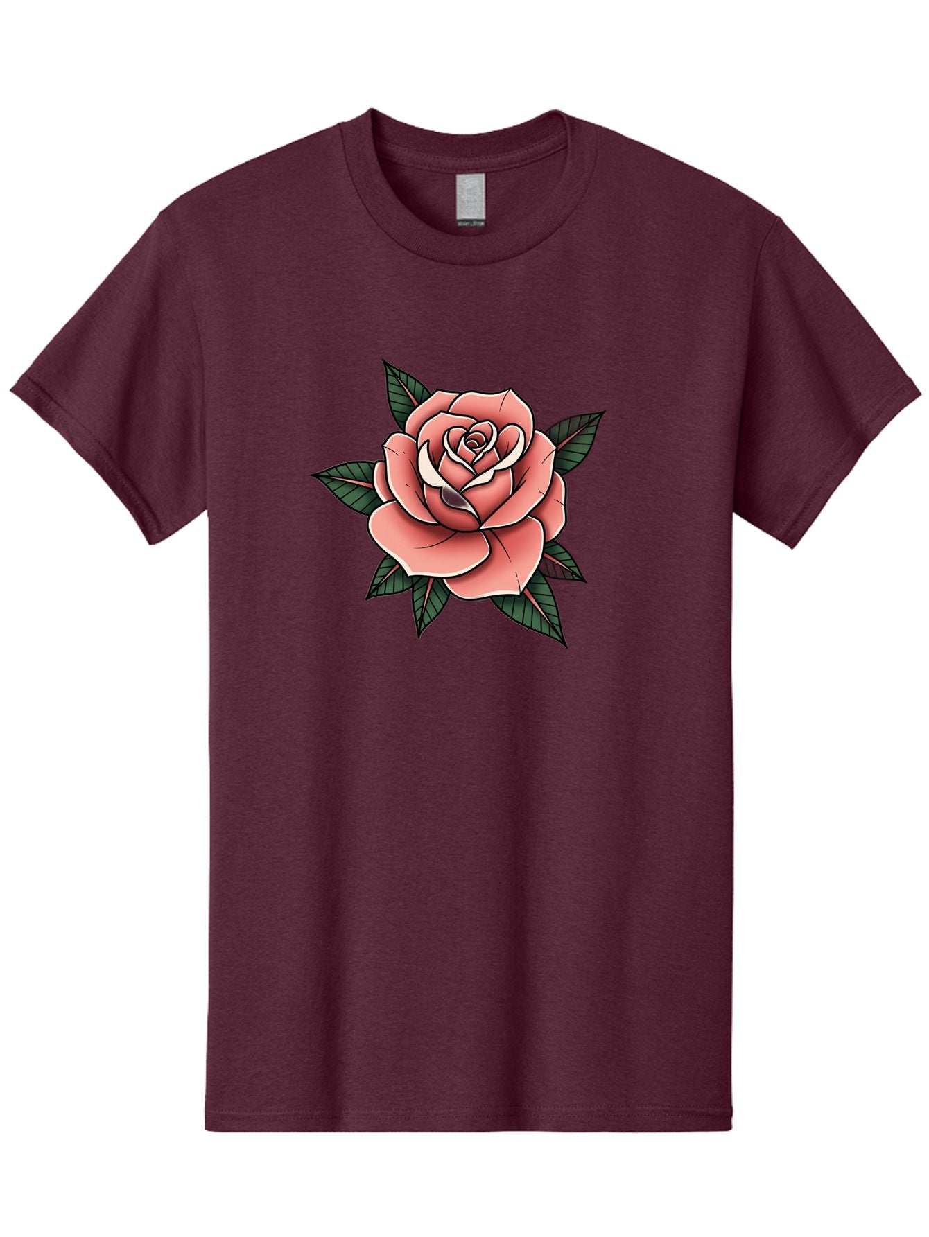 Rose Men'S Graphic Tee, 100% Cotton, Comfortable Casual Summer Wear, Machine Washable, Pink Rose, Flower Illustration, Tattoo Art, Green Leaves, Black Outlines, White Highlights, Floral Design, Botanical Art, Graphic Design Bae260
