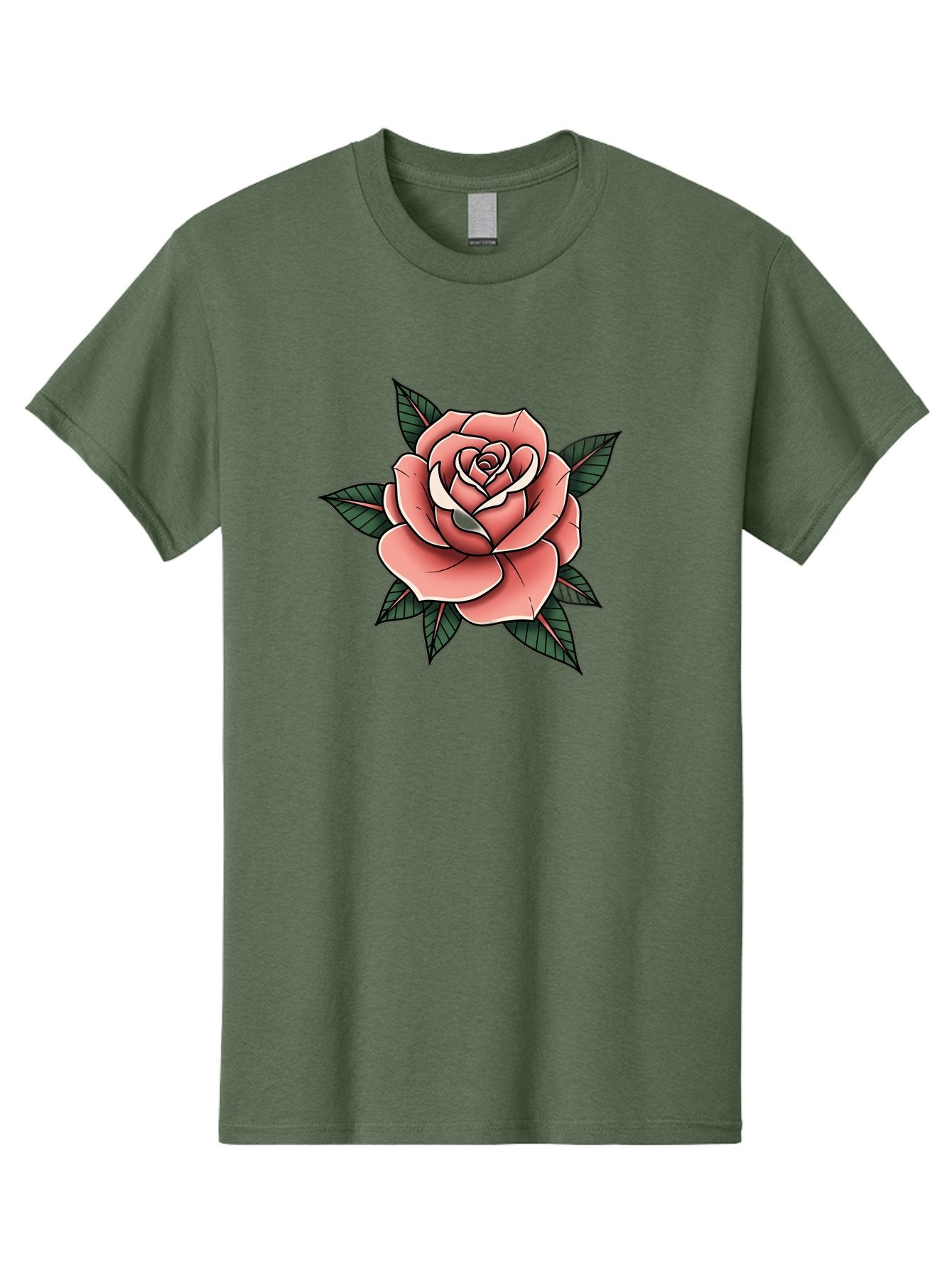 Rose Men'S Graphic Tee, 100% Cotton, Comfortable Casual Summer Wear, Machine Washable, Pink Rose, Flower Illustration, Tattoo Art, Green Leaves, Black Outlines, White Highlights, Floral Design, Botanical Art, Graphic Design Bae260 10