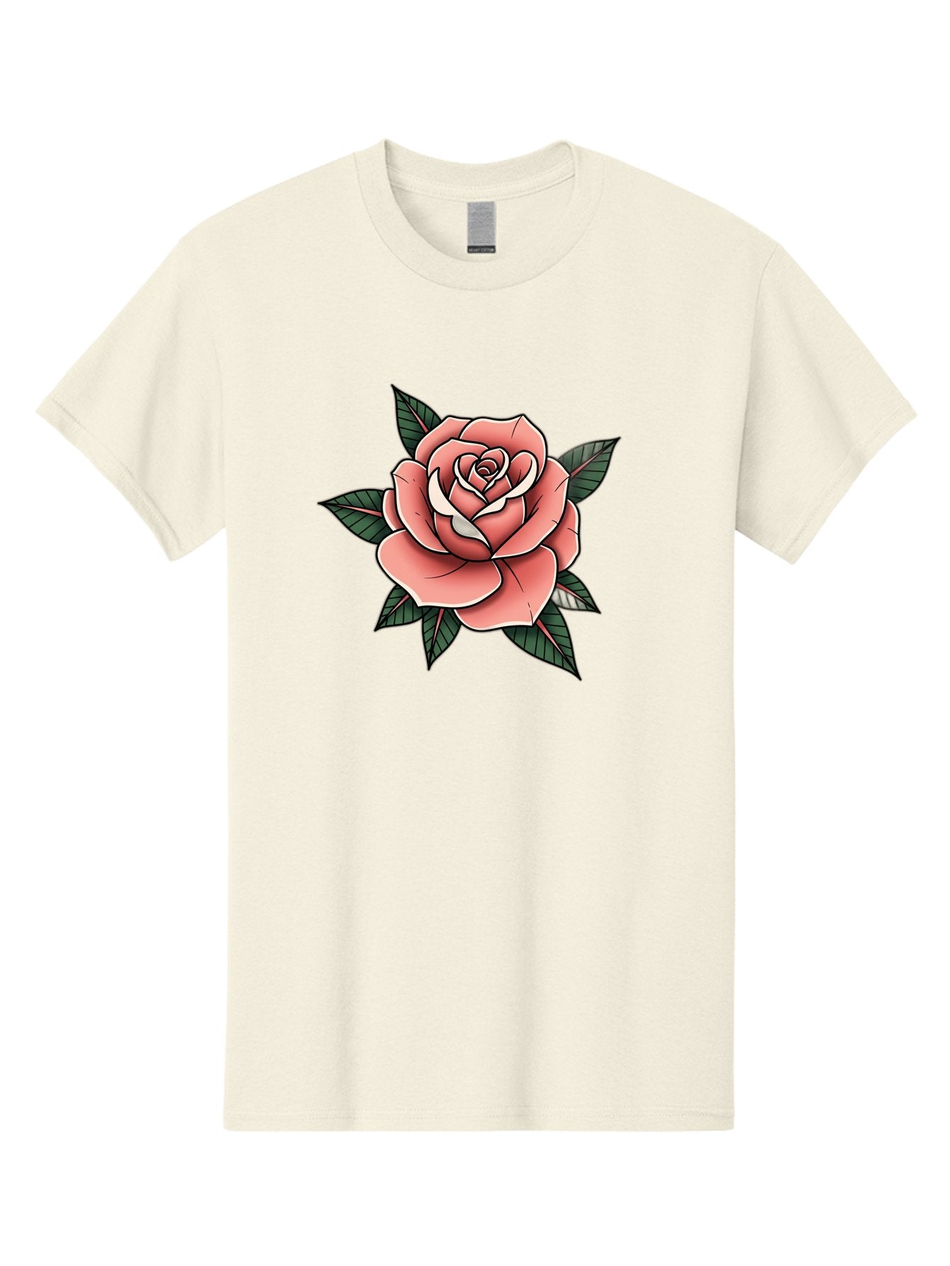 Rose Men'S Graphic Tee, 100% Cotton, Comfortable Casual Summer Wear, Machine Washable, Pink Rose, Flower Illustration, Tattoo Art, Green Leaves, Black Outlines, White Highlights, Floral Design, Botanical Art, Graphic Design Bae260 3