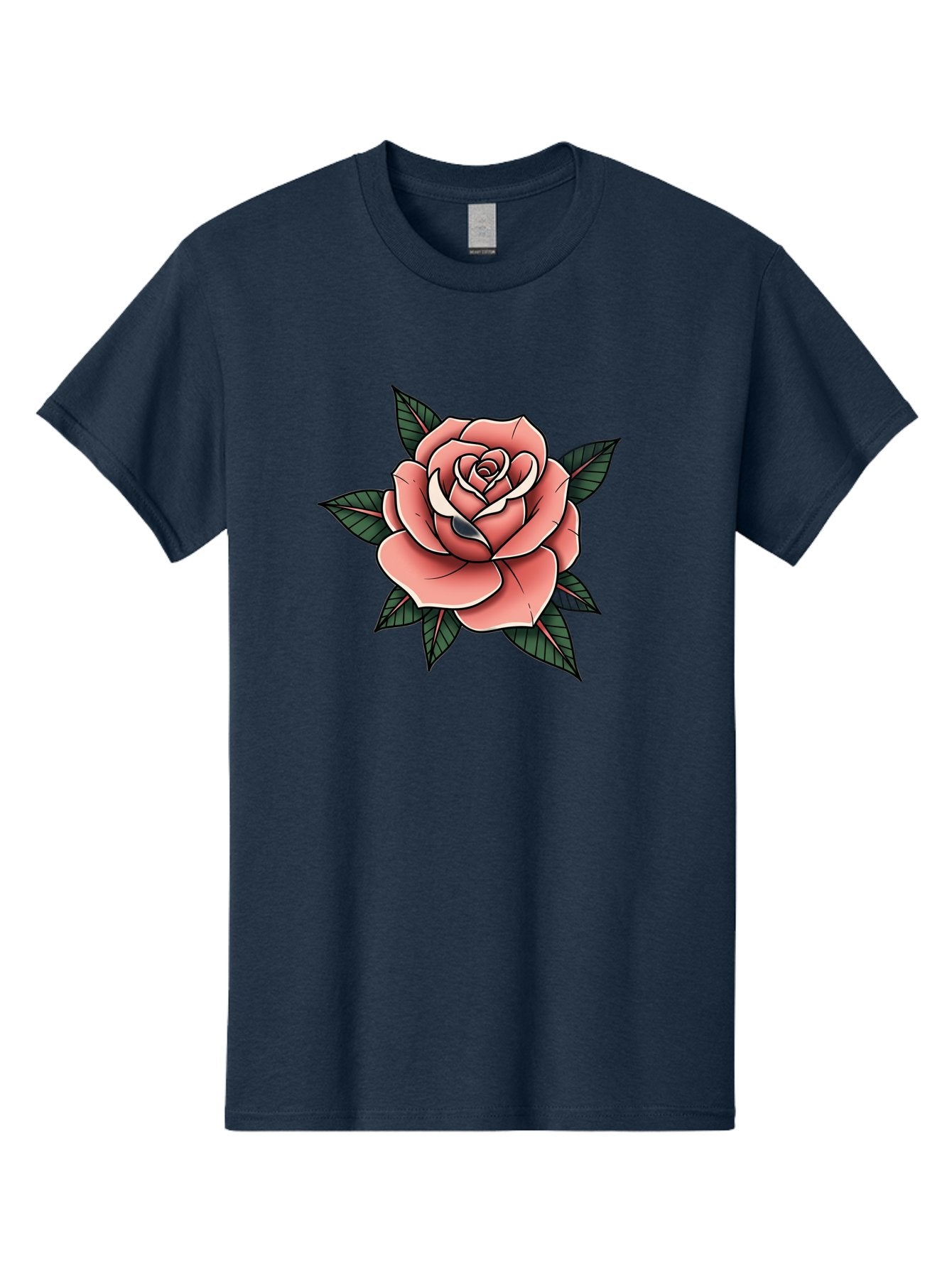 Rose Men'S Graphic Tee, 100% Cotton, Comfortable Casual Summer Wear, Machine Washable, Pink Rose, Flower Illustration, Tattoo Art, Green Leaves, Black Outlines, White Highlights, Floral Design, Botanical Art, Graphic Design Bae260
