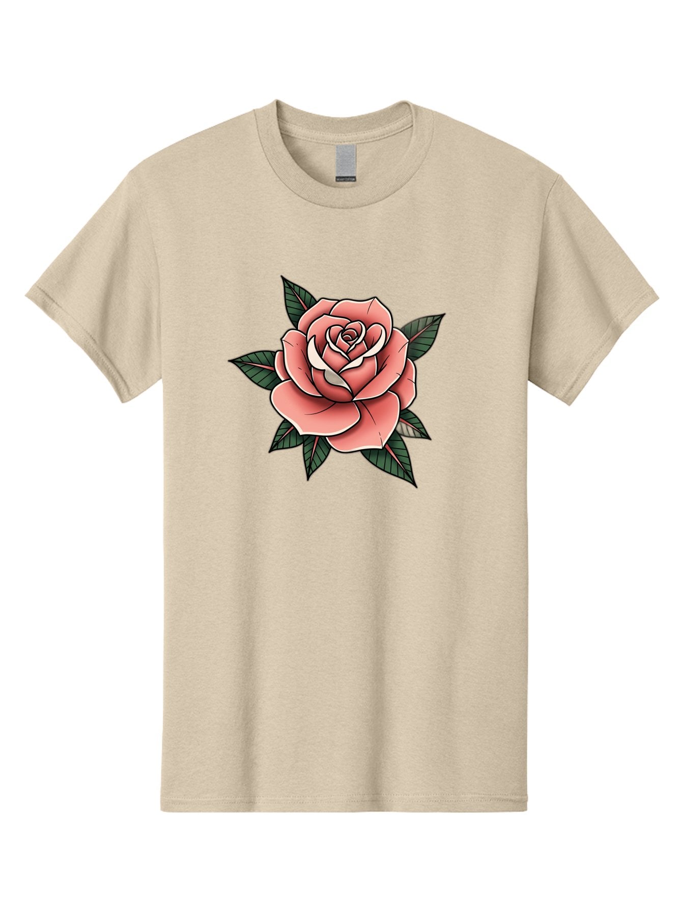 Rose Men'S Graphic Tee, 100% Cotton, Comfortable Casual Summer Wear, Machine Washable, Pink Rose, Flower Illustration, Tattoo Art, Green Leaves, Black Outlines, White Highlights, Floral Design, Botanical Art, Graphic Design Bae260 13