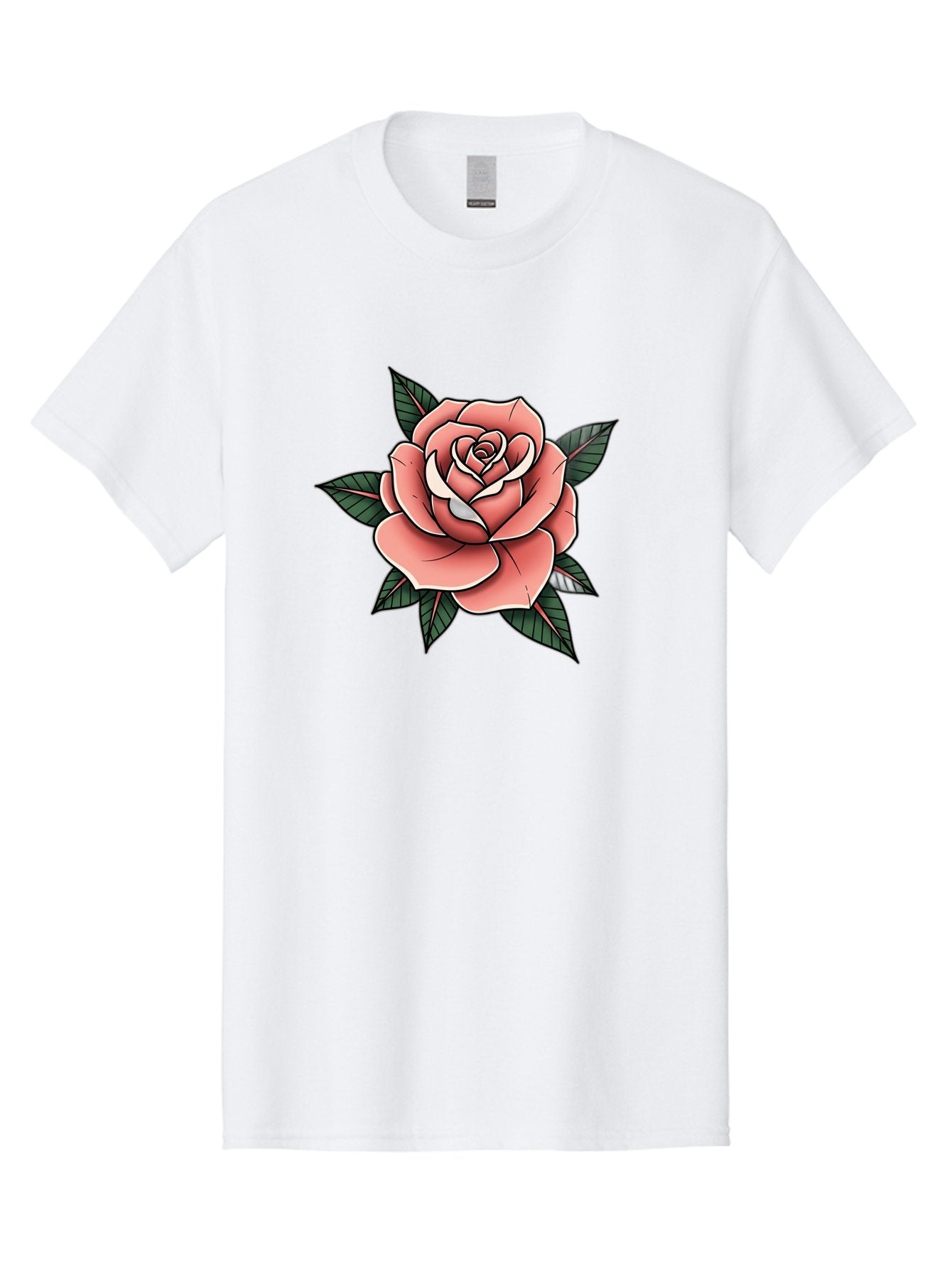 Rose Men'S Graphic Tee, 100% Cotton, Comfortable Casual Summer Wear, Machine Washable, Pink Rose, Flower Illustration, Tattoo Art, Green Leaves, Black Outlines, White Highlights, Floral Design, Botanical Art, Graphic Design Bae260 8