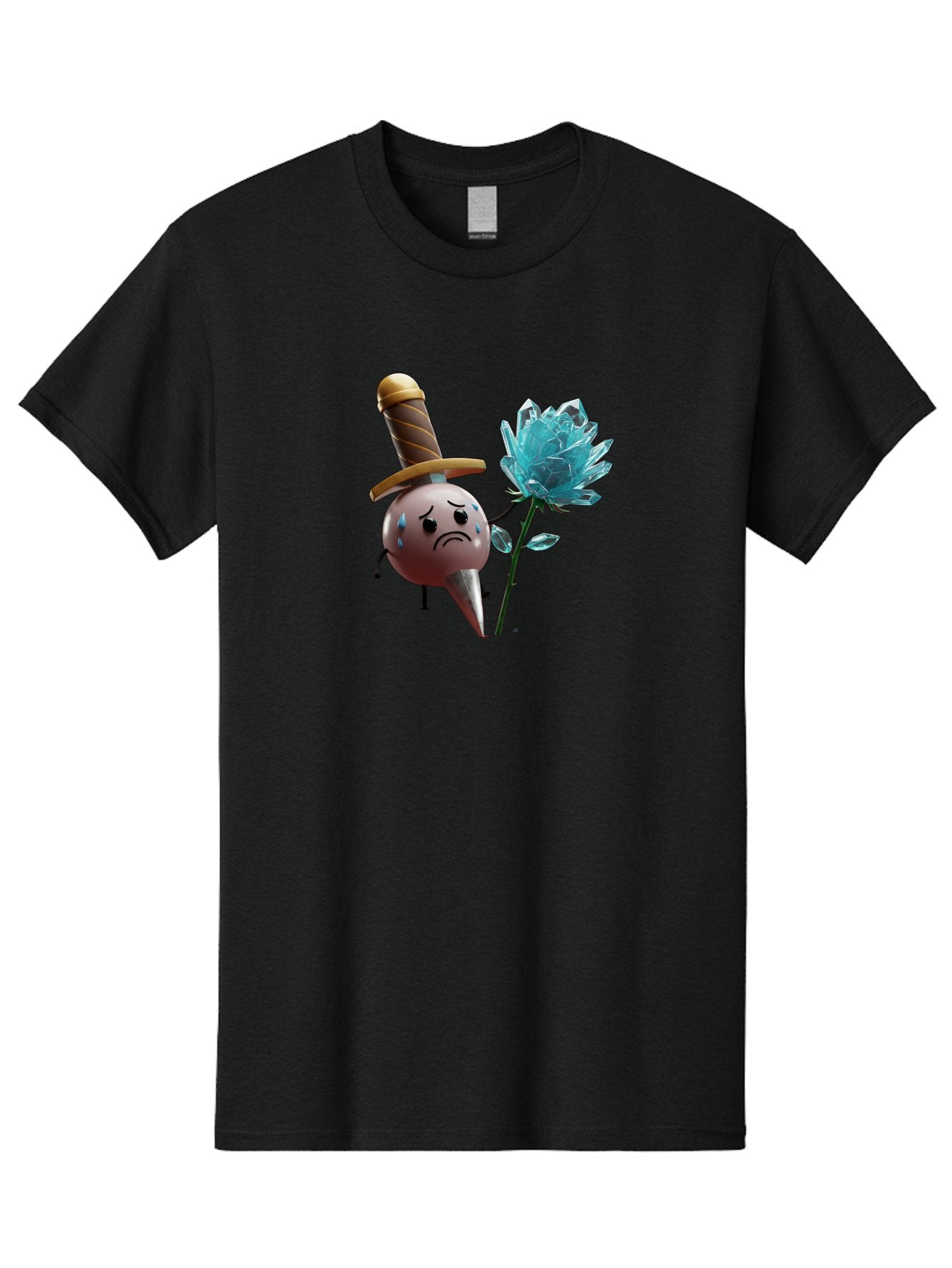 Sad-Bullet-Kin-With-Crystal-Flower Men'S Graphic Tee, 100% Cotton, Comfortable Casual Summer Wear, Machine Washable, Sad Bullet Kin, Crying Face, Blue Tears, Sword Hat, Crystal Flower, Cartoon Character, 3D Animation, Video Game Asset, Bae261 8