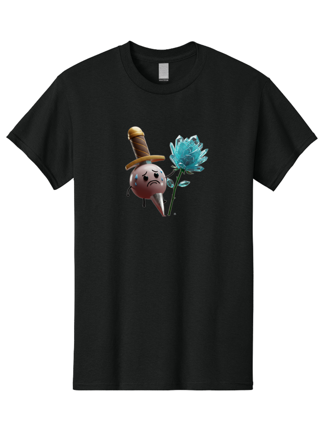Sad-Bullet-Kin-With-Crystal-Flower Men'S Graphic Tee, 100% Cotton, Comfortable Casual Summer Wear, Machine Washable, Sad Bullet Kin, Crying Face, Blue Tears, Sword Hat, Crystal Flower, Cartoon Character, 3D Animation, Video Game Asset, Bae261 6