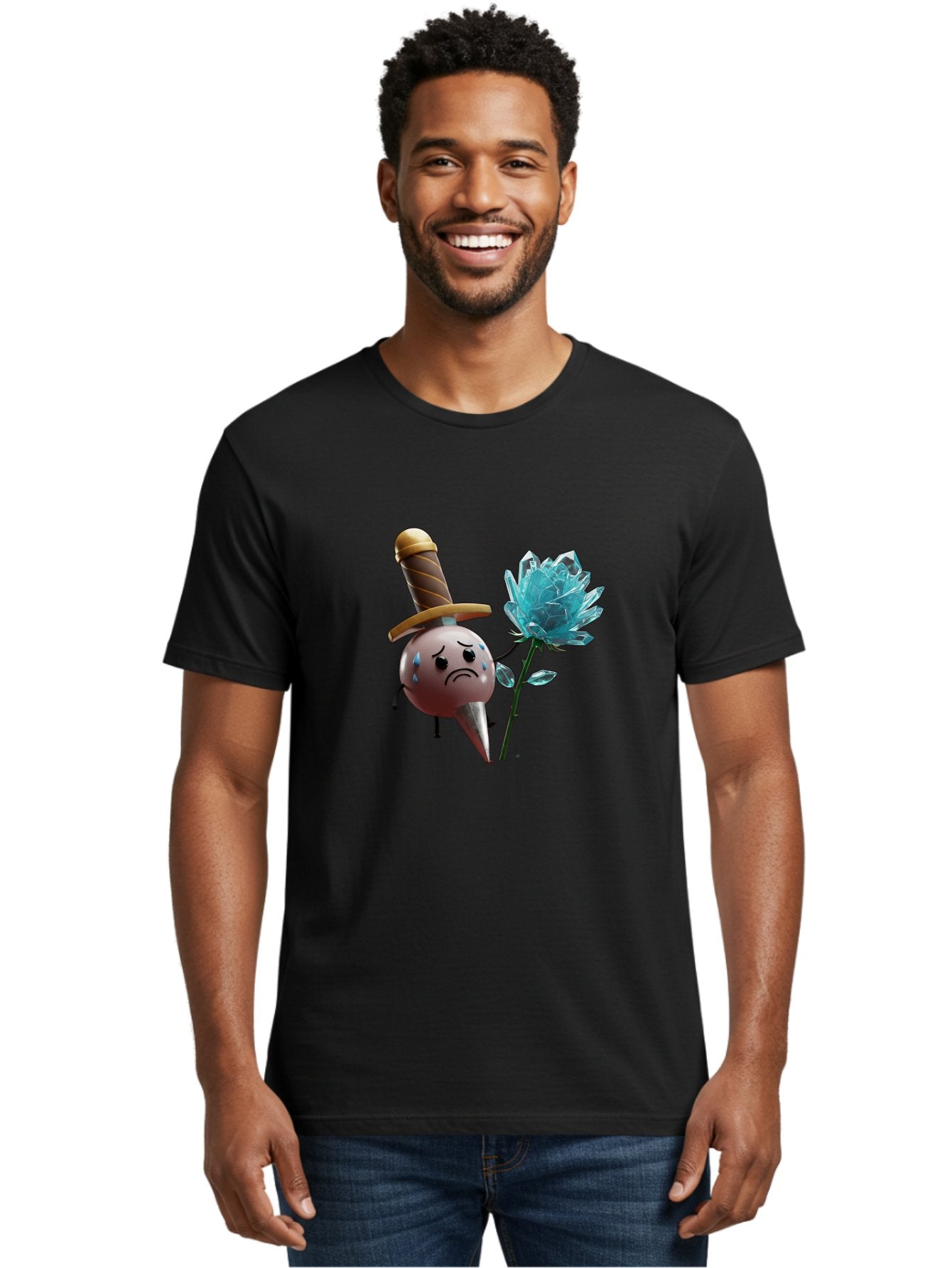 Sad-Bullet-Kin-With-Crystal-Flower Men'S Graphic Tee, 100% Cotton, Comfortable Casual Summer Wear, Machine Washable, Sad Bullet Kin, Crying Face, Blue Tears, Sword Hat, Crystal Flower, Cartoon Character, 3D Animation, Video Game Asset, Bae261 25