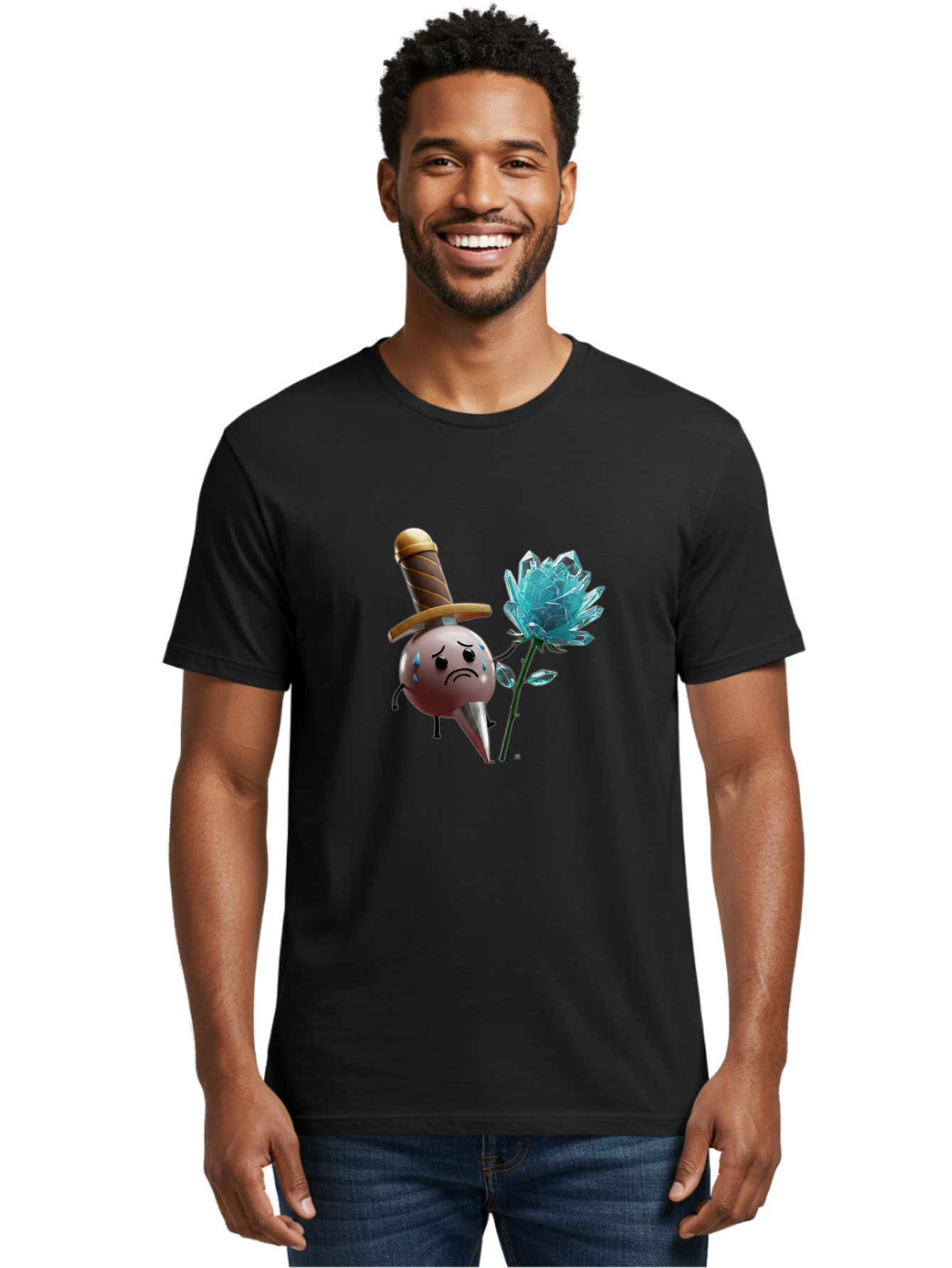 Sad-Bullet-Kin-With-Crystal-Flower Men'S Graphic Tee, 100% Cotton, Comfortable Casual Summer Wear, Machine Washable, Sad Bullet Kin, Crying Face, Blue Tears, Sword Hat, Crystal Flower, Cartoon Character, 3D Animation, Video Game Asset, Bae261 21