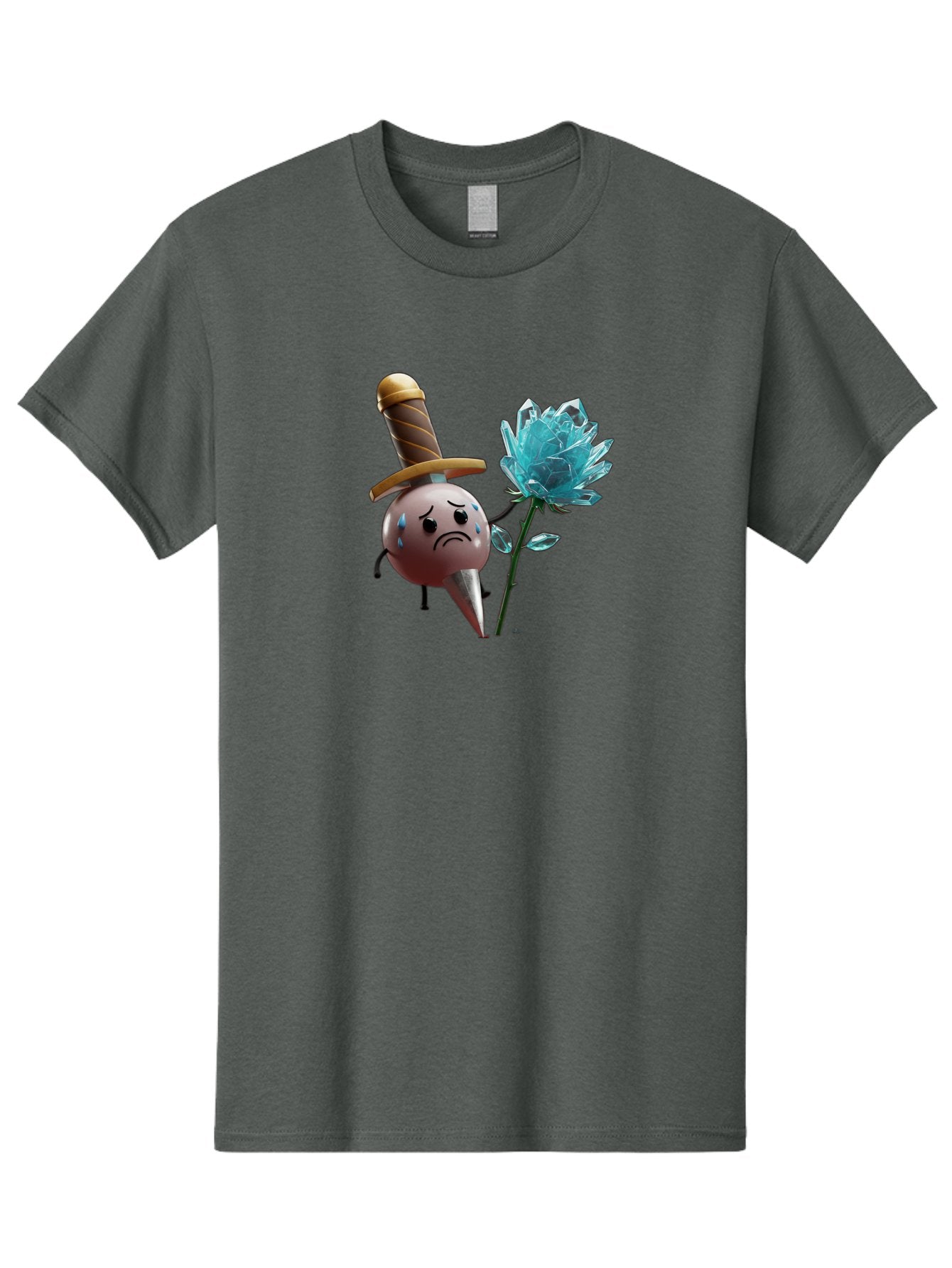 Sad-Bullet-Kin-With-Crystal-Flower Men'S Graphic Tee, 100% Cotton, Comfortable Casual Summer Wear, Machine Washable, Sad Bullet Kin, Crying Face, Blue Tears, Sword Hat, Crystal Flower, Cartoon Character, 3D Animation, Video Game Asset, Bae261 11