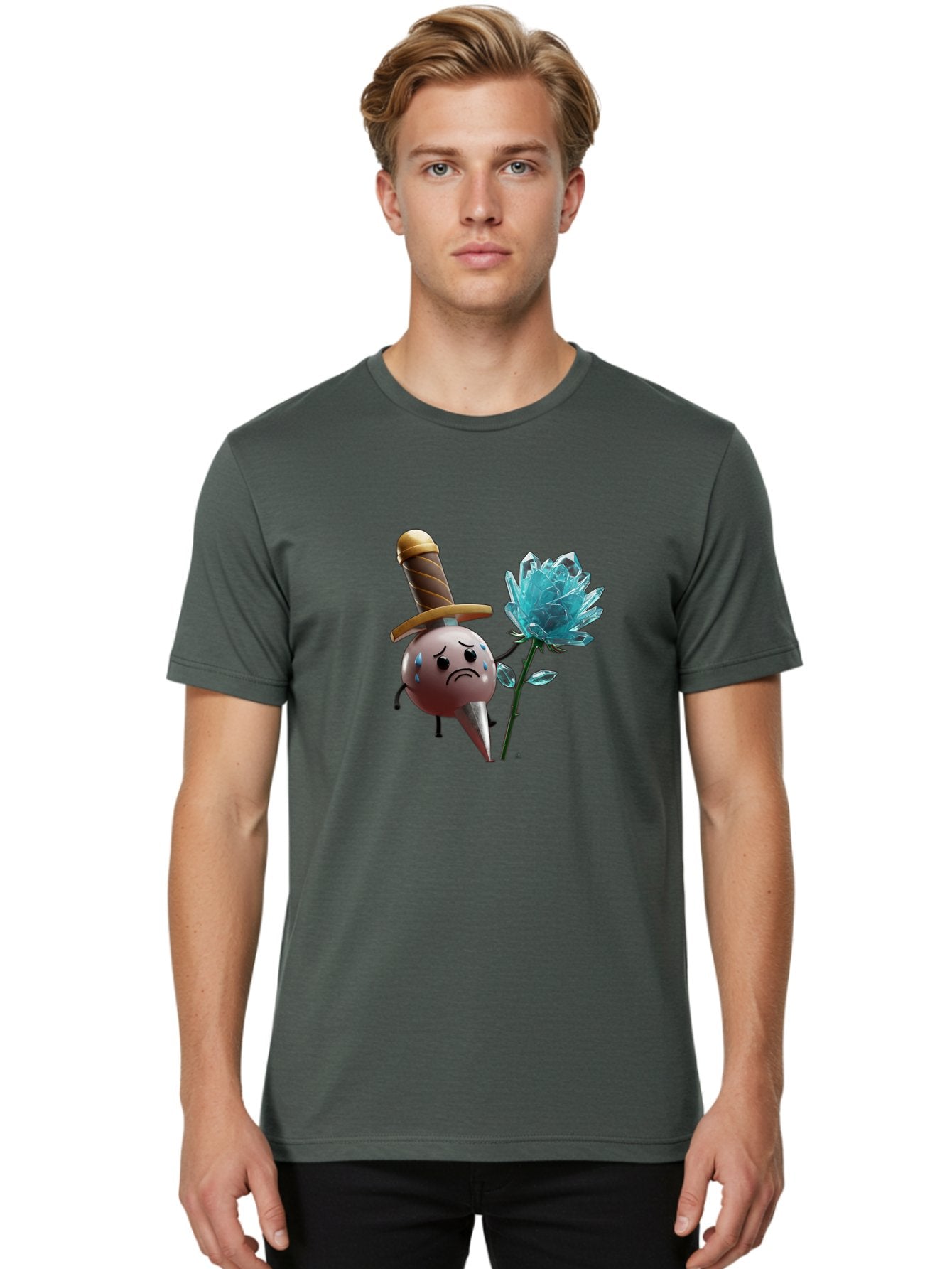 Sad-Bullet-Kin-With-Crystal-Flower Men'S Graphic Tee, 100% Cotton, Comfortable Casual Summer Wear, Machine Washable, Sad Bullet Kin, Crying Face, Blue Tears, Sword Hat, Crystal Flower, Cartoon Character, 3D Animation, Video Game Asset, Bae261 27