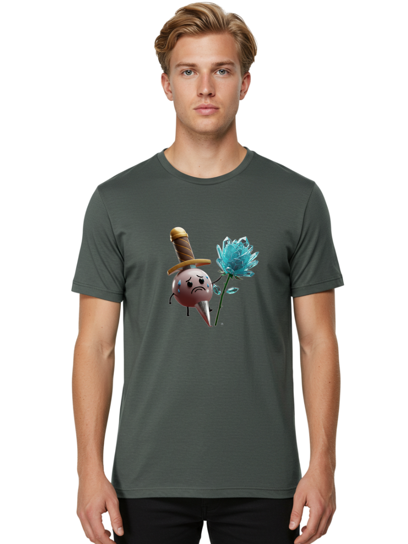 Sad-Bullet-Kin-With-Crystal-Flower Men'S Graphic Tee, 100% Cotton, Comfortable Casual Summer Wear, Machine Washable, Sad Bullet Kin, Crying Face, Blue Tears, Sword Hat, Crystal Flower, Cartoon Character, 3D Animation, Video Game Asset, Bae261 19
