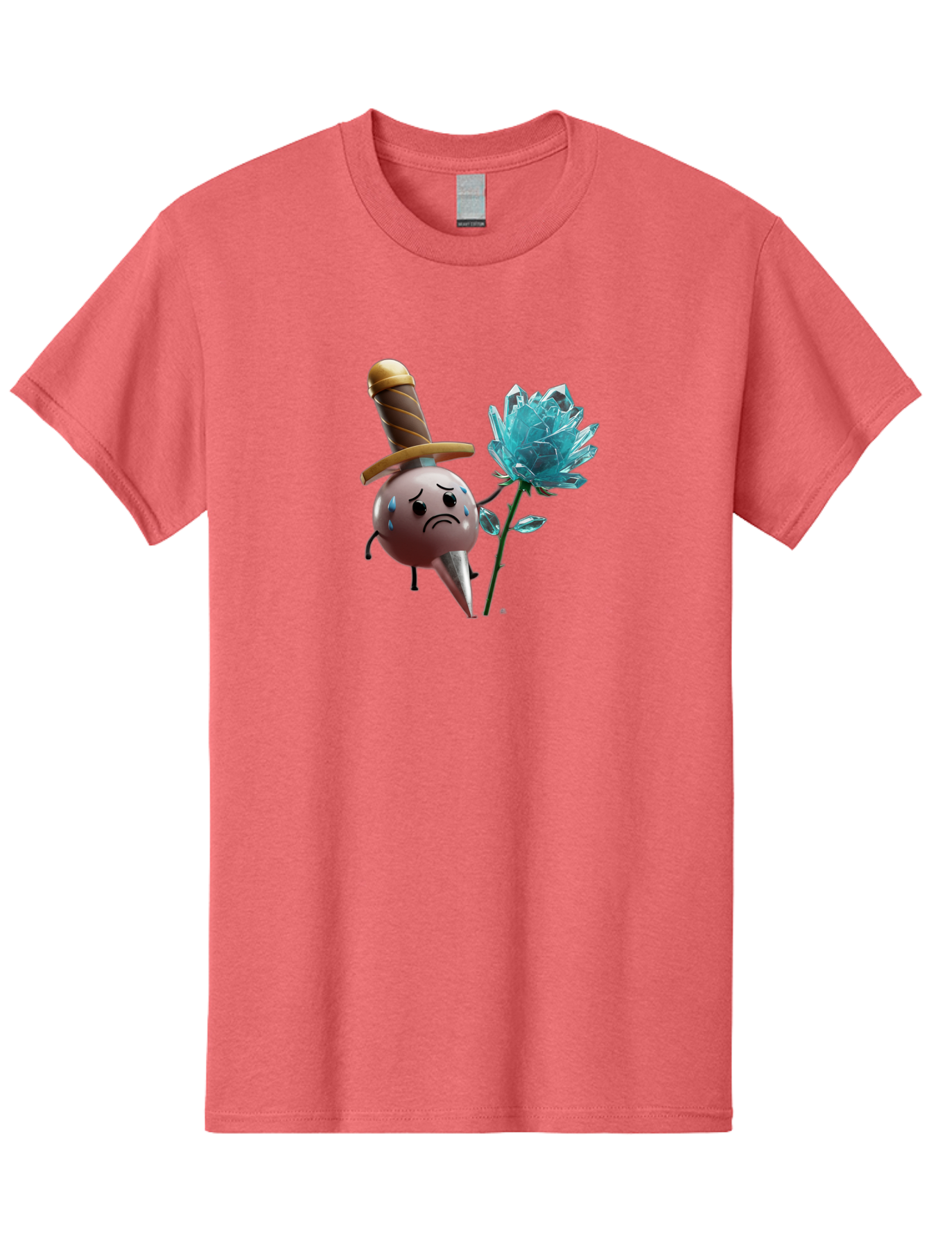 Sad-Bullet-Kin-With-Crystal-Flower Men'S Graphic Tee, 100% Cotton, Comfortable Casual Summer Wear, Machine Washable, Sad Bullet Kin, Crying Face, Blue Tears, Sword Hat, Crystal Flower, Cartoon Character, 3D Animation, Video Game Asset, Bae261 3