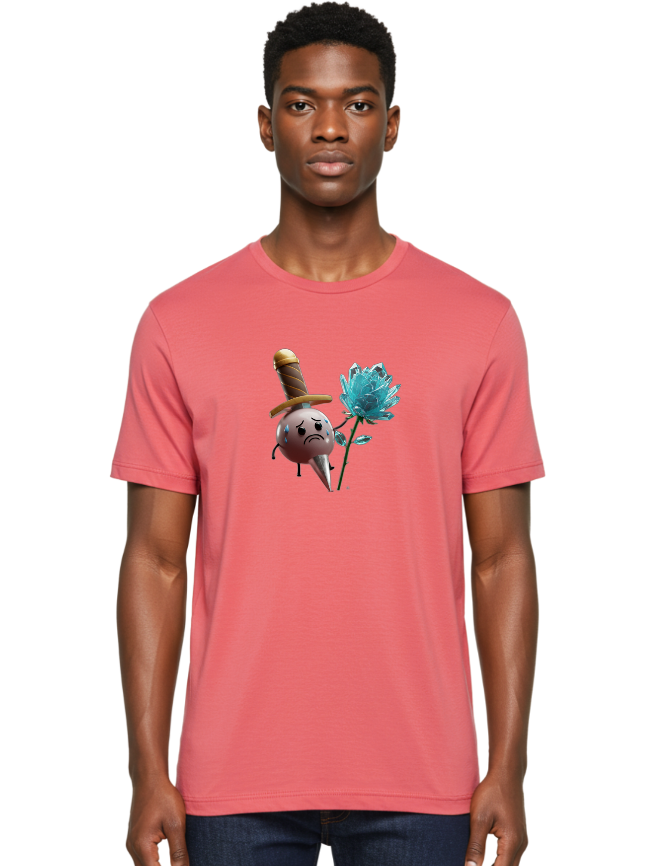 Sad-Bullet-Kin-With-Crystal-Flower Men'S Graphic Tee, 100% Cotton, Comfortable Casual Summer Wear, Machine Washable, Sad Bullet Kin, Crying Face, Blue Tears, Sword Hat, Crystal Flower, Cartoon Character, 3D Animation, Video Game Asset, Bae261 18