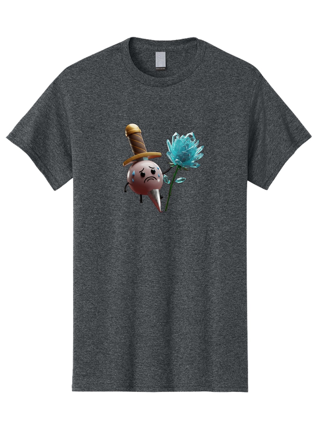 Sad-Bullet-Kin-With-Crystal-Flower Men'S Graphic Tee, 100% Cotton, Comfortable Casual Summer Wear, Machine Washable, Sad Bullet Kin, Crying Face, Blue Tears, Sword Hat, Crystal Flower, Cartoon Character, 3D Animation, Video Game Asset, Bae261