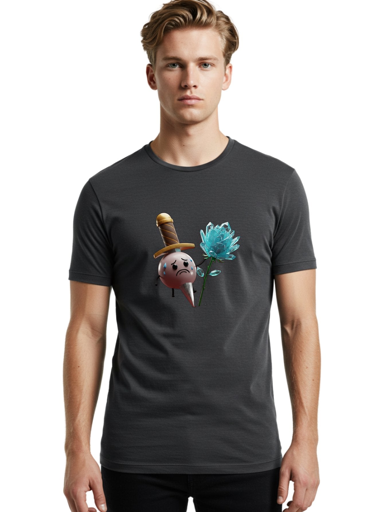 Sad-Bullet-Kin-With-Crystal-Flower Men'S Graphic Tee, 100% Cotton, Comfortable Casual Summer Wear, Machine Washable, Sad Bullet Kin, Crying Face, Blue Tears, Sword Hat, Crystal Flower, Cartoon Character, 3D Animation, Video Game Asset, Bae261 19