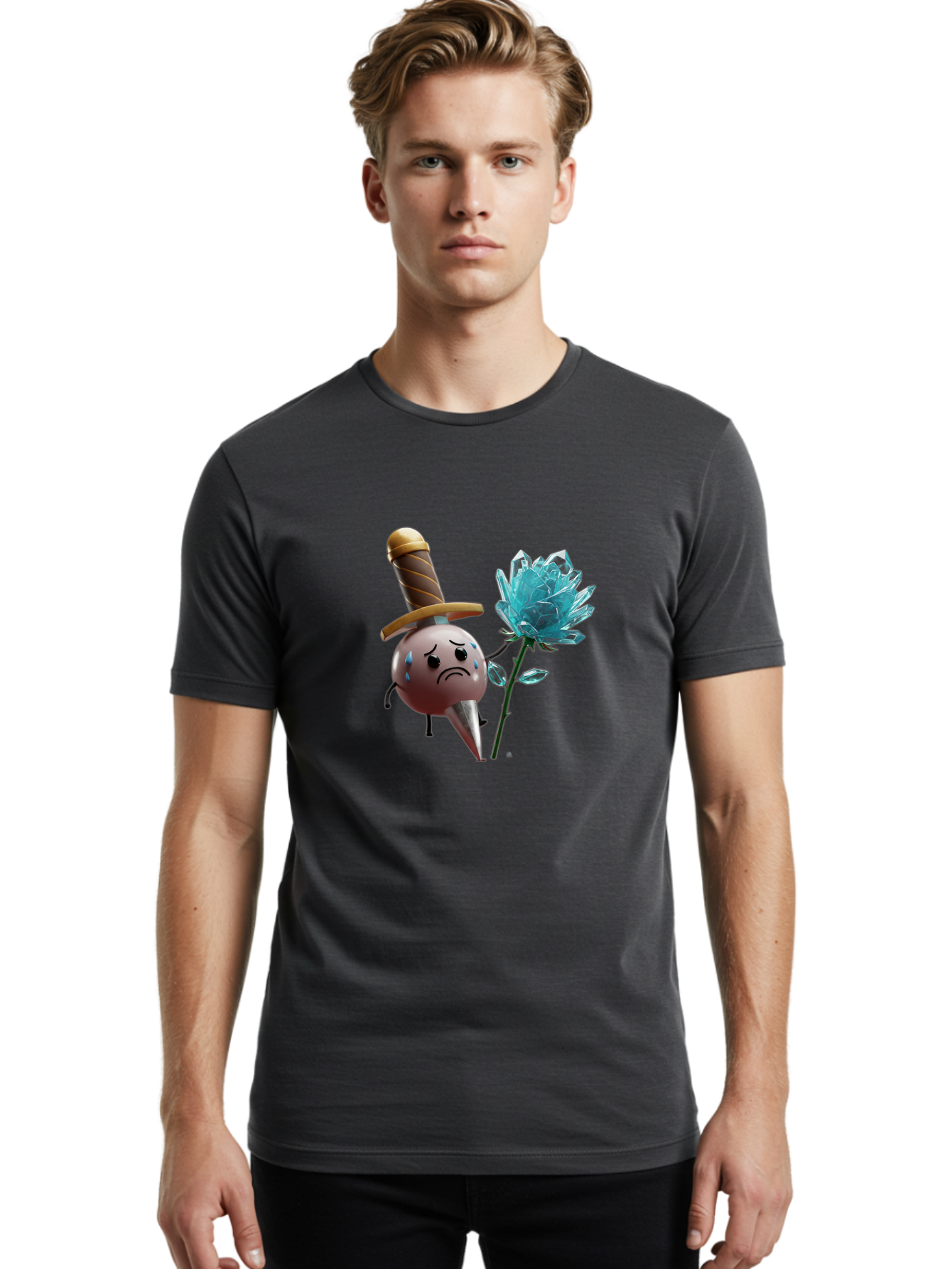 Sad-Bullet-Kin-With-Crystal-Flower Men'S Graphic Tee, 100% Cotton, Comfortable Casual Summer Wear, Machine Washable, Sad Bullet Kin, Crying Face, Blue Tears, Sword Hat, Crystal Flower, Cartoon Character, 3D Animation, Video Game Asset, Bae261 26