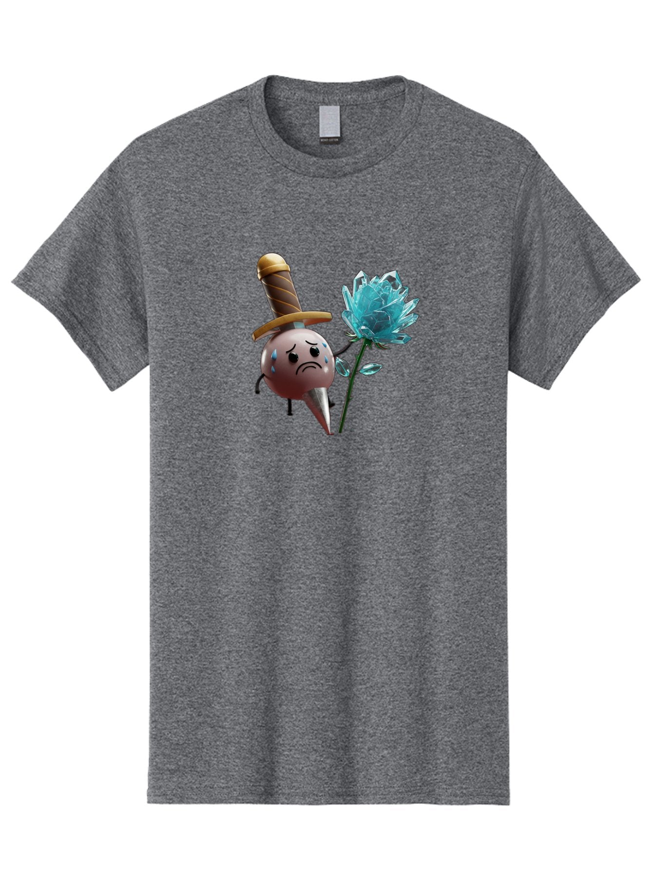Sad-Bullet-Kin-With-Crystal-Flower Men'S Graphic Tee, 100% Cotton, Comfortable Casual Summer Wear, Machine Washable, Sad Bullet Kin, Crying Face, Blue Tears, Sword Hat, Crystal Flower, Cartoon Character, 3D Animation, Video Game Asset, Bae261 15