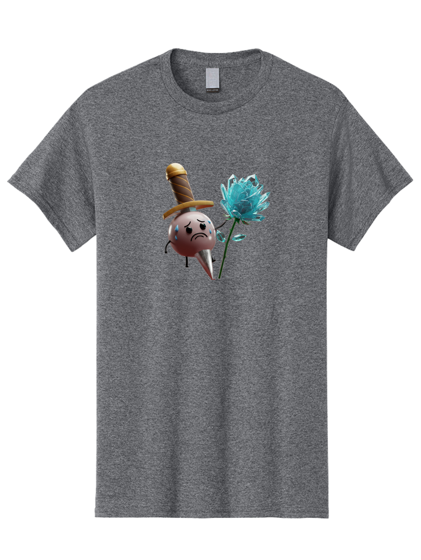Sad-Bullet-Kin-With-Crystal-Flower Men'S Graphic Tee, 100% Cotton, Comfortable Casual Summer Wear, Machine Washable, Sad Bullet Kin, Crying Face, Blue Tears, Sword Hat, Crystal Flower, Cartoon Character, 3D Animation, Video Game Asset, Bae261