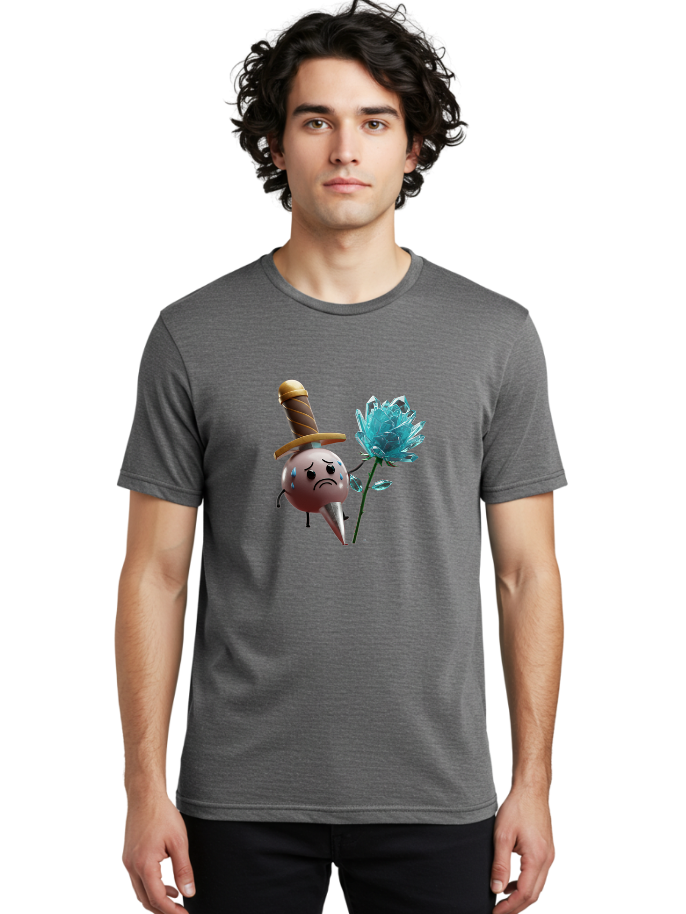 Sad-Bullet-Kin-With-Crystal-Flower Men'S Graphic Tee, 100% Cotton, Comfortable Casual Summer Wear, Machine Washable, Sad Bullet Kin, Crying Face, Blue Tears, Sword Hat, Crystal Flower, Cartoon Character, 3D Animation, Video Game Asset, Bae261 16
