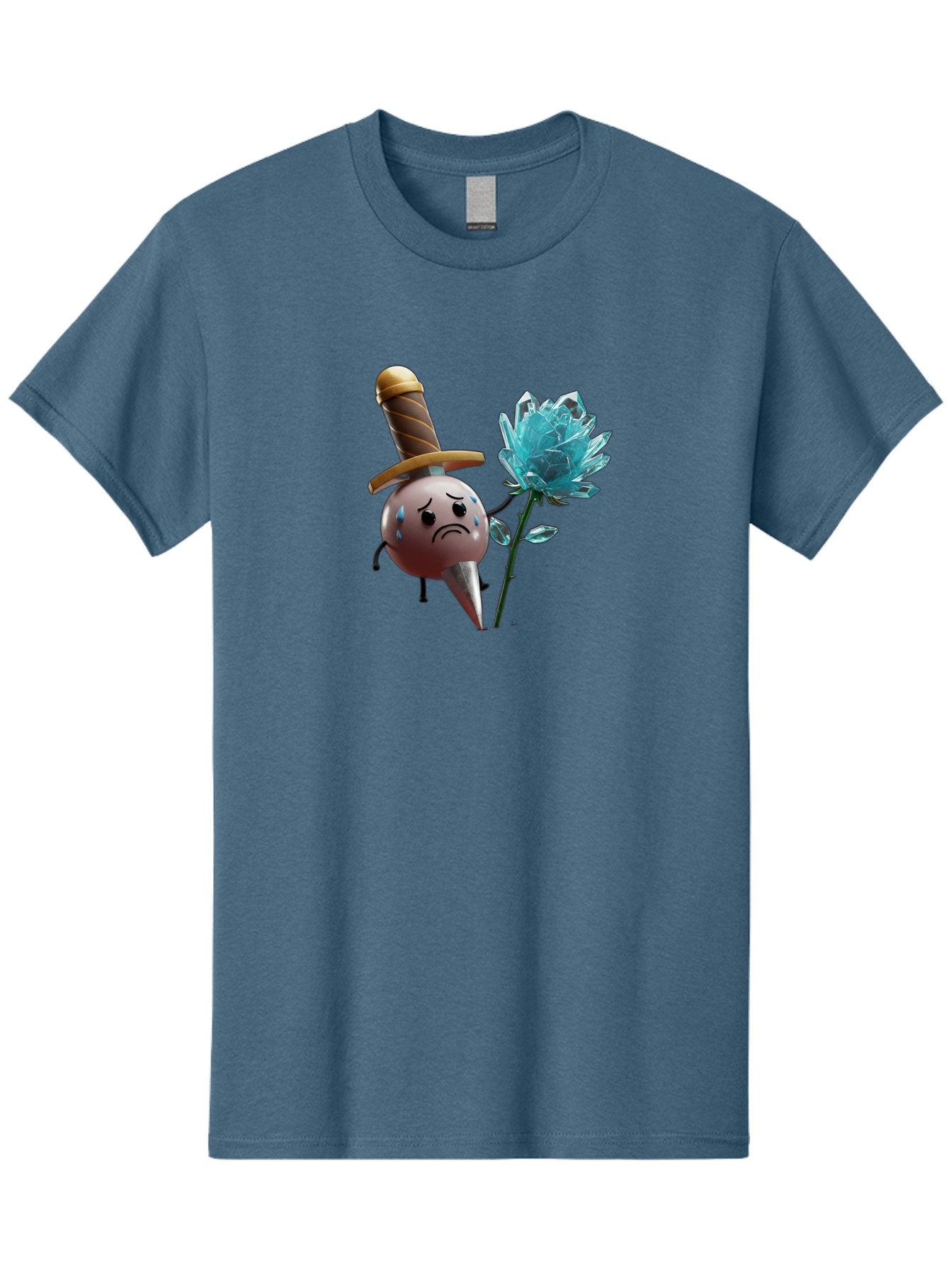 Sad-Bullet-Kin-With-Crystal-Flower Men'S Graphic Tee, 100% Cotton, Comfortable Casual Summer Wear, Machine Washable, Sad Bullet Kin, Crying Face, Blue Tears, Sword Hat, Crystal Flower, Cartoon Character, 3D Animation, Video Game Asset, Bae261 4