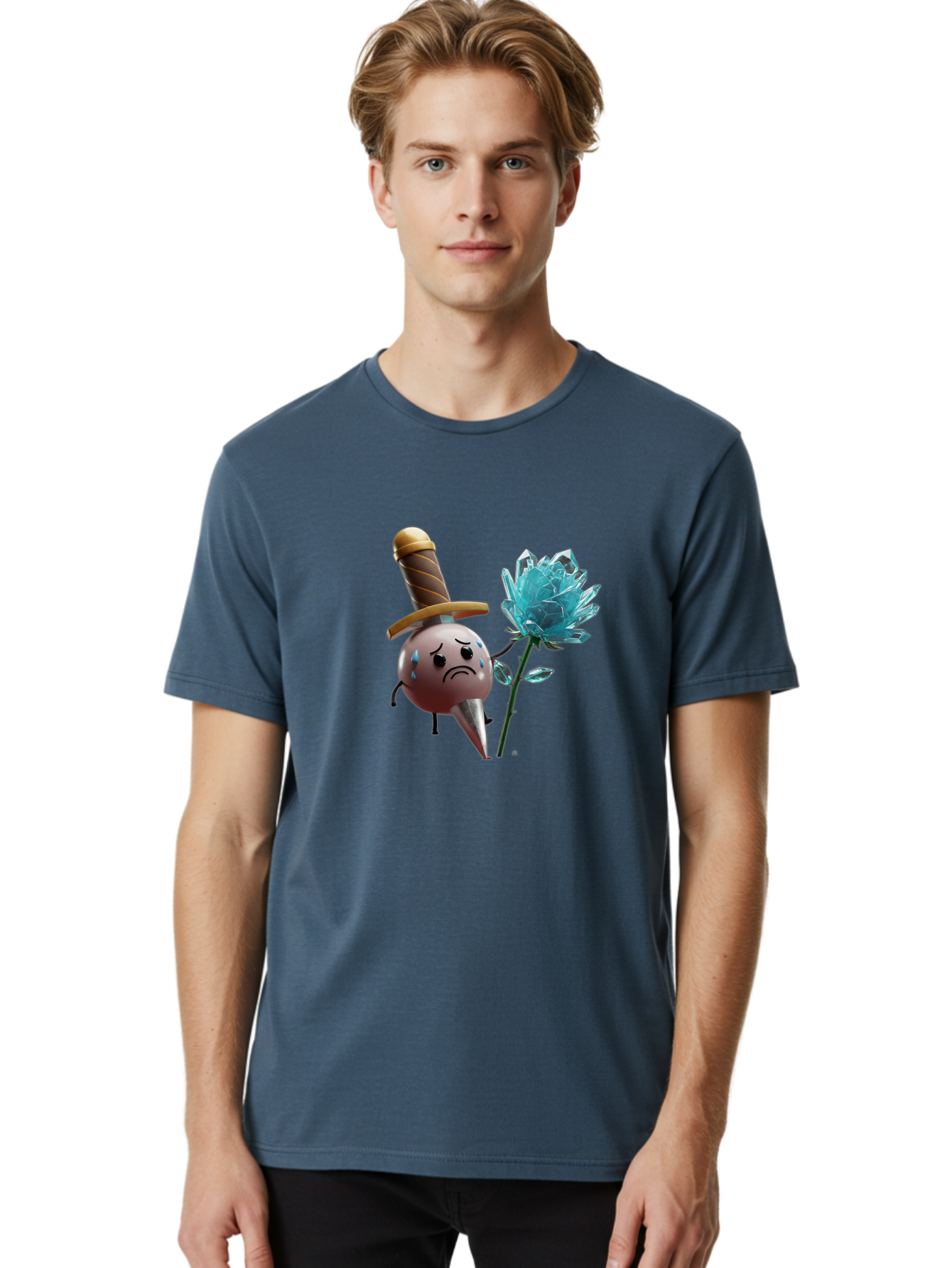 Sad-Bullet-Kin-With-Crystal-Flower Men'S Graphic Tee, 100% Cotton, Comfortable Casual Summer Wear, Machine Washable, Sad Bullet Kin, Crying Face, Blue Tears, Sword Hat, Crystal Flower, Cartoon Character, 3D Animation, Video Game Asset, Bae261 27