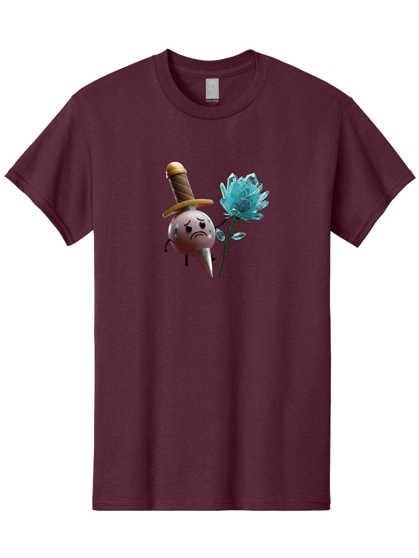 Sad-Bullet-Kin-With-Crystal-Flower Men'S Graphic Tee, 100% Cotton, Comfortable Casual Summer Wear, Machine Washable, Sad Bullet Kin, Crying Face, Blue Tears, Sword Hat, Crystal Flower, Cartoon Character, 3D Animation, Video Game Asset, Bae261 14