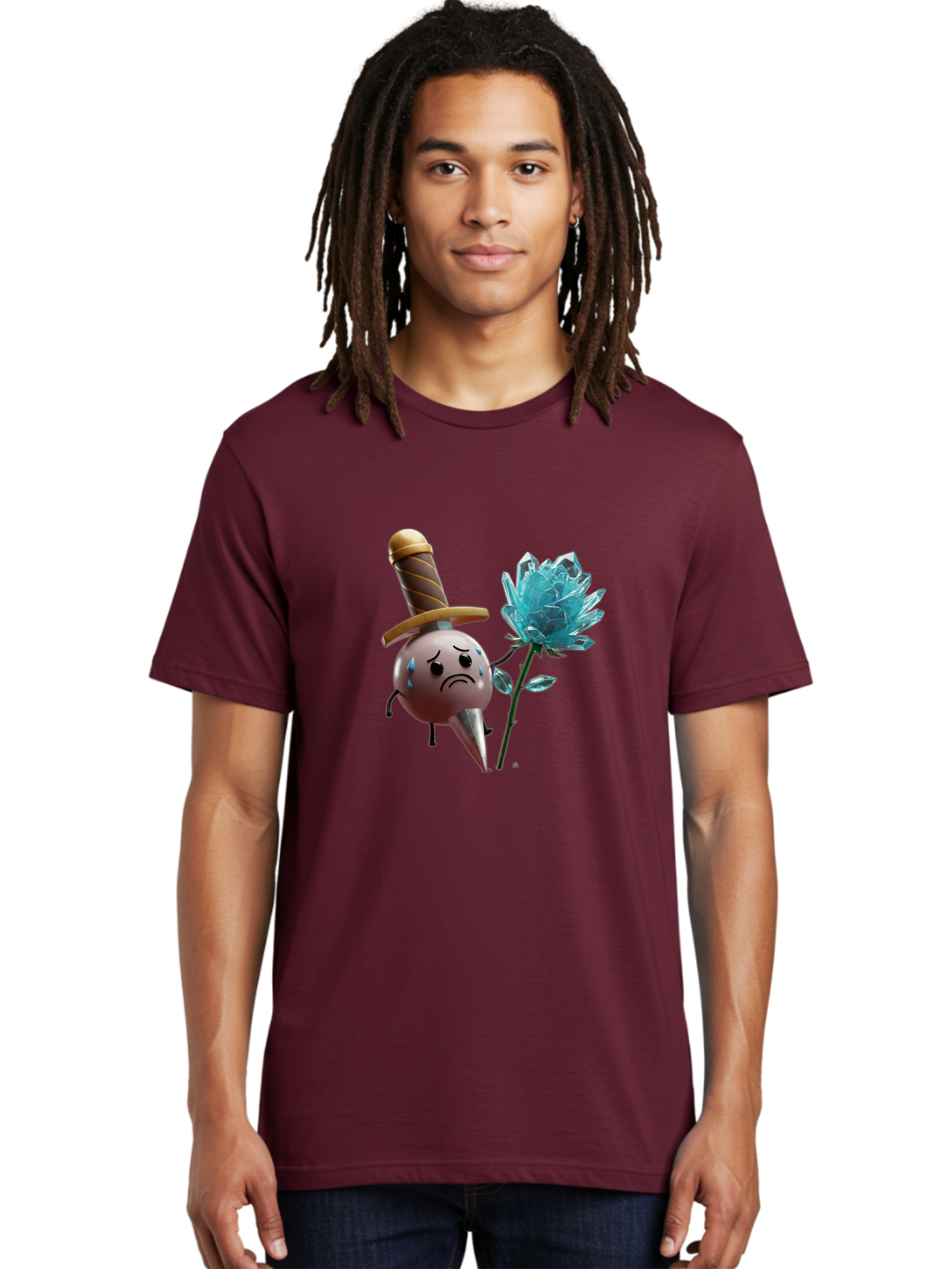 Sad-Bullet-Kin-With-Crystal-Flower Men'S Graphic Tee, 100% Cotton, Comfortable Casual Summer Wear, Machine Washable, Sad Bullet Kin, Crying Face, Blue Tears, Sword Hat, Crystal Flower, Cartoon Character, 3D Animation, Video Game Asset, Bae261 17