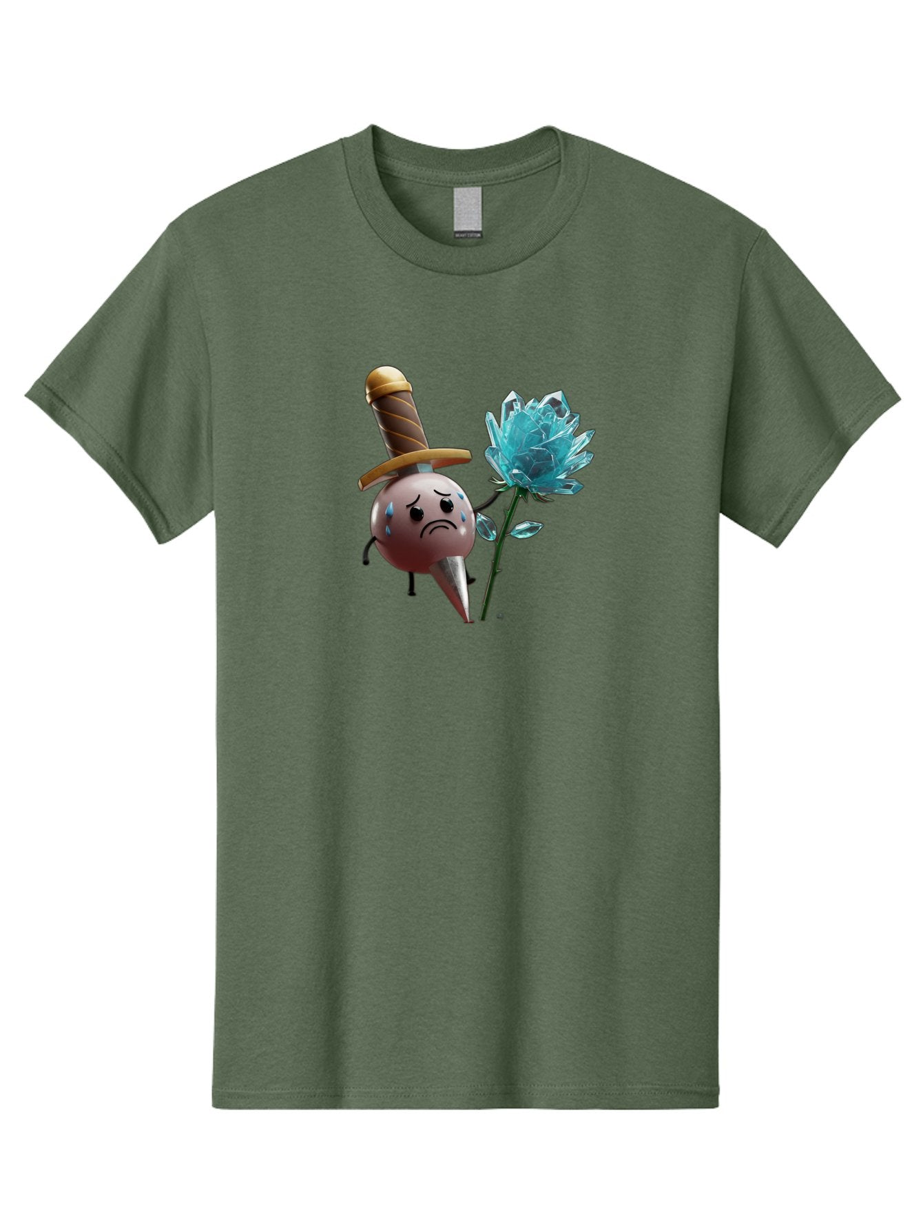 Sad-Bullet-Kin-With-Crystal-Flower Men'S Graphic Tee, 100% Cotton, Comfortable Casual Summer Wear, Machine Washable, Sad Bullet Kin, Crying Face, Blue Tears, Sword Hat, Crystal Flower, Cartoon Character, 3D Animation, Video Game Asset, Bae261 6