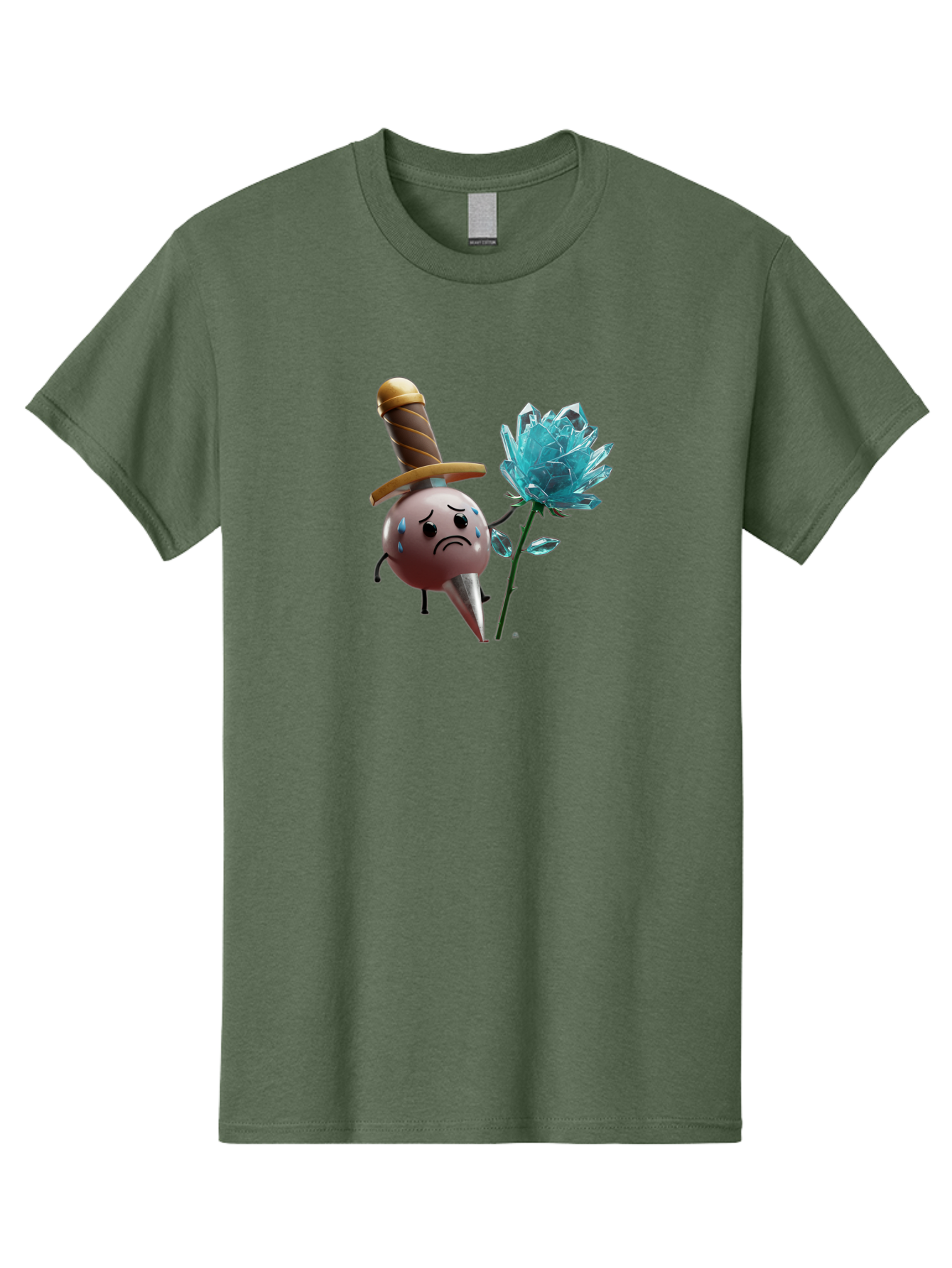 Sad-Bullet-Kin-With-Crystal-Flower Men'S Graphic Tee, 100% Cotton, Comfortable Casual Summer Wear, Machine Washable, Sad Bullet Kin, Crying Face, Blue Tears, Sword Hat, Crystal Flower, Cartoon Character, 3D Animation, Video Game Asset, Bae261 7