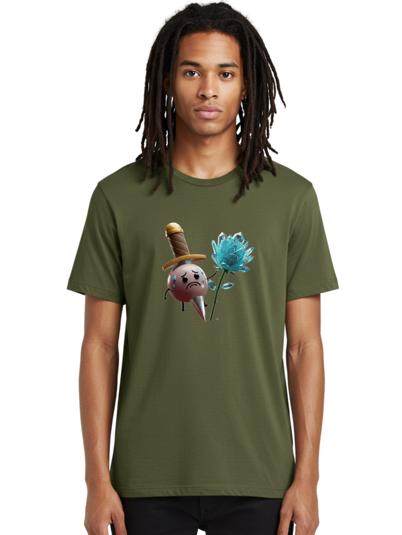 Sad-Bullet-Kin-With-Crystal-Flower Men'S Graphic Tee, 100% Cotton, Comfortable Casual Summer Wear, Machine Washable, Sad Bullet Kin, Crying Face, Blue Tears, Sword Hat, Crystal Flower, Cartoon Character, 3D Animation, Video Game Asset, Bae261 22
