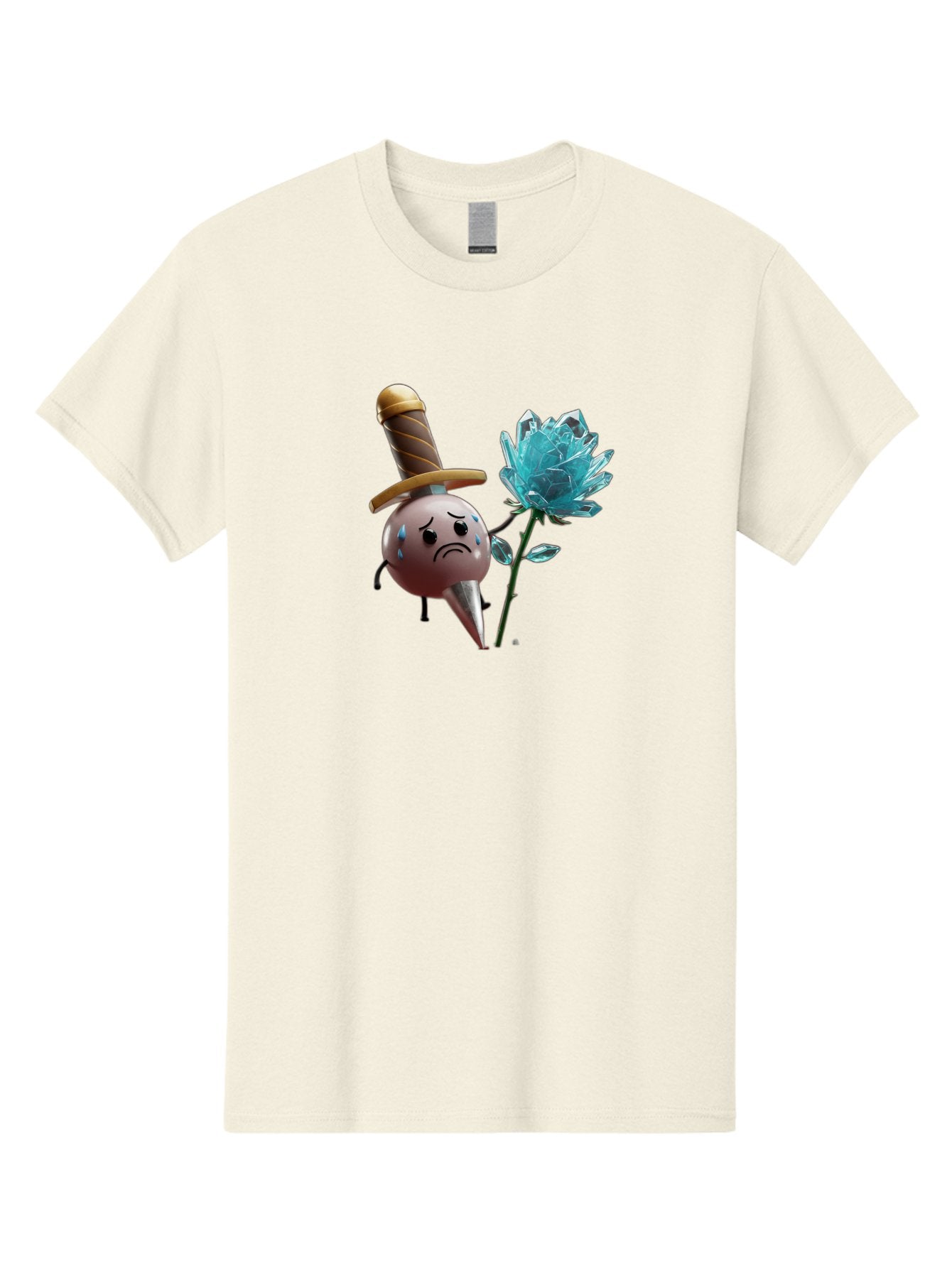 Sad-Bullet-Kin-With-Crystal-Flower Men'S Graphic Tee, 100% Cotton, Comfortable Casual Summer Wear, Machine Washable, Sad Bullet Kin, Crying Face, Blue Tears, Sword Hat, Crystal Flower, Cartoon Character, 3D Animation, Video Game Asset, Bae261 13