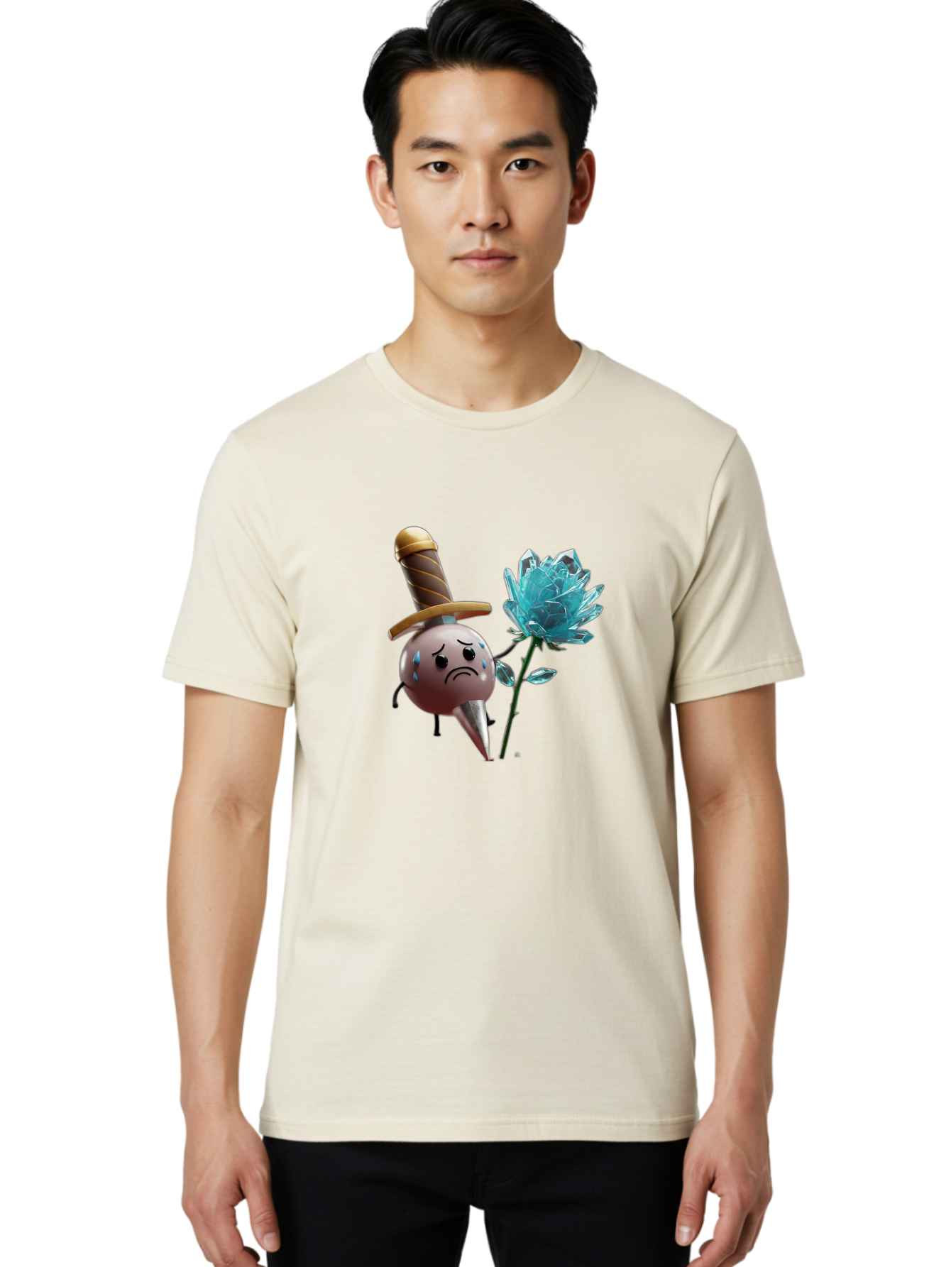 Sad-Bullet-Kin-With-Crystal-Flower Men'S Graphic Tee, 100% Cotton, Comfortable Casual Summer Wear, Machine Washable, Sad Bullet Kin, Crying Face, Blue Tears, Sword Hat, Crystal Flower, Cartoon Character, 3D Animation, Video Game Asset, Bae261 30