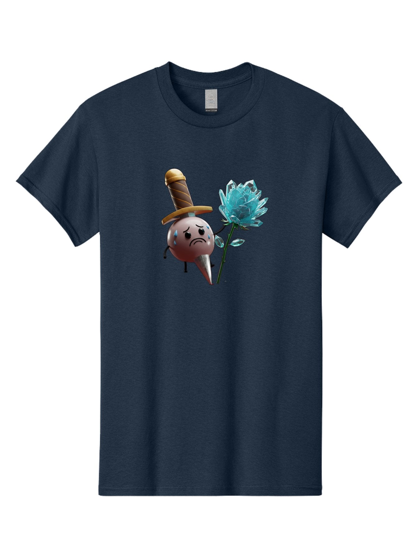 Sad-Bullet-Kin-With-Crystal-Flower Men'S Graphic Tee, 100% Cotton, Comfortable Casual Summer Wear, Machine Washable, Sad Bullet Kin, Crying Face, Blue Tears, Sword Hat, Crystal Flower, Cartoon Character, 3D Animation, Video Game Asset, Bae261