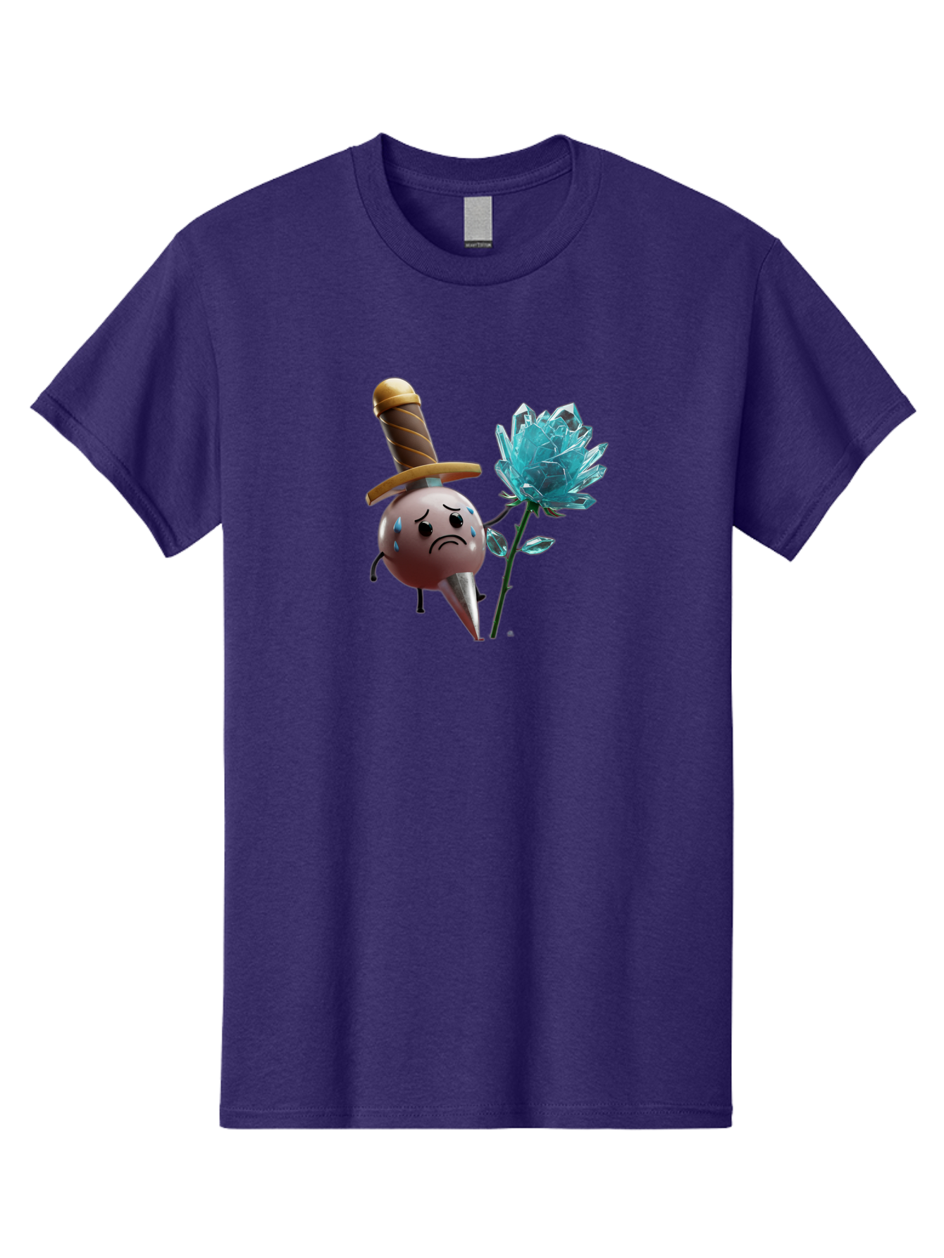 Sad-Bullet-Kin-With-Crystal-Flower Men'S Graphic Tee, 100% Cotton, Comfortable Casual Summer Wear, Machine Washable, Sad Bullet Kin, Crying Face, Blue Tears, Sword Hat, Crystal Flower, Cartoon Character, 3D Animation, Video Game Asset, Bae261 9