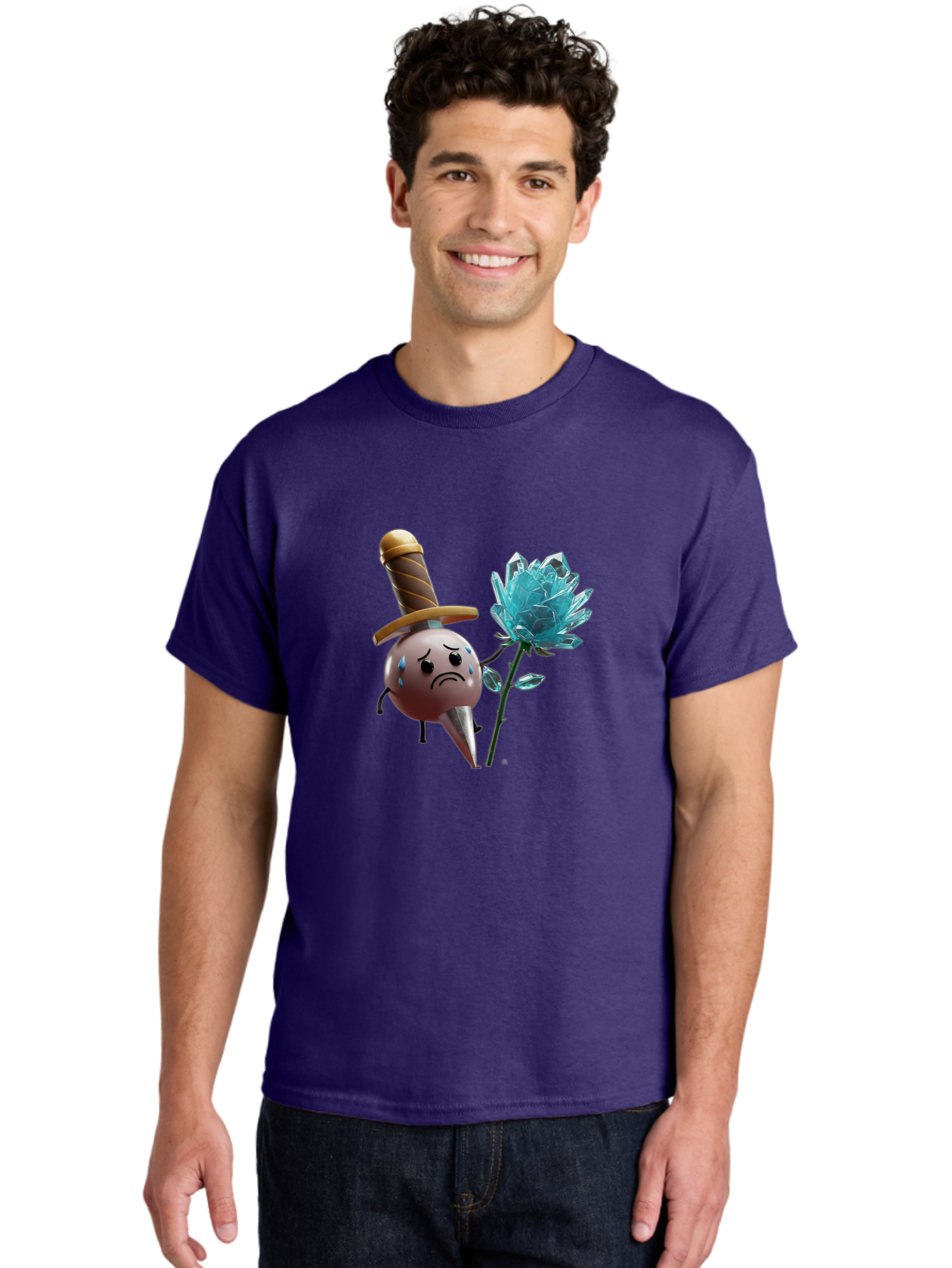 Sad-Bullet-Kin-With-Crystal-Flower Men'S Graphic Tee, 100% Cotton, Comfortable Casual Summer Wear, Machine Washable, Sad Bullet Kin, Crying Face, Blue Tears, Sword Hat, Crystal Flower, Cartoon Character, 3D Animation, Video Game Asset, Bae261 24