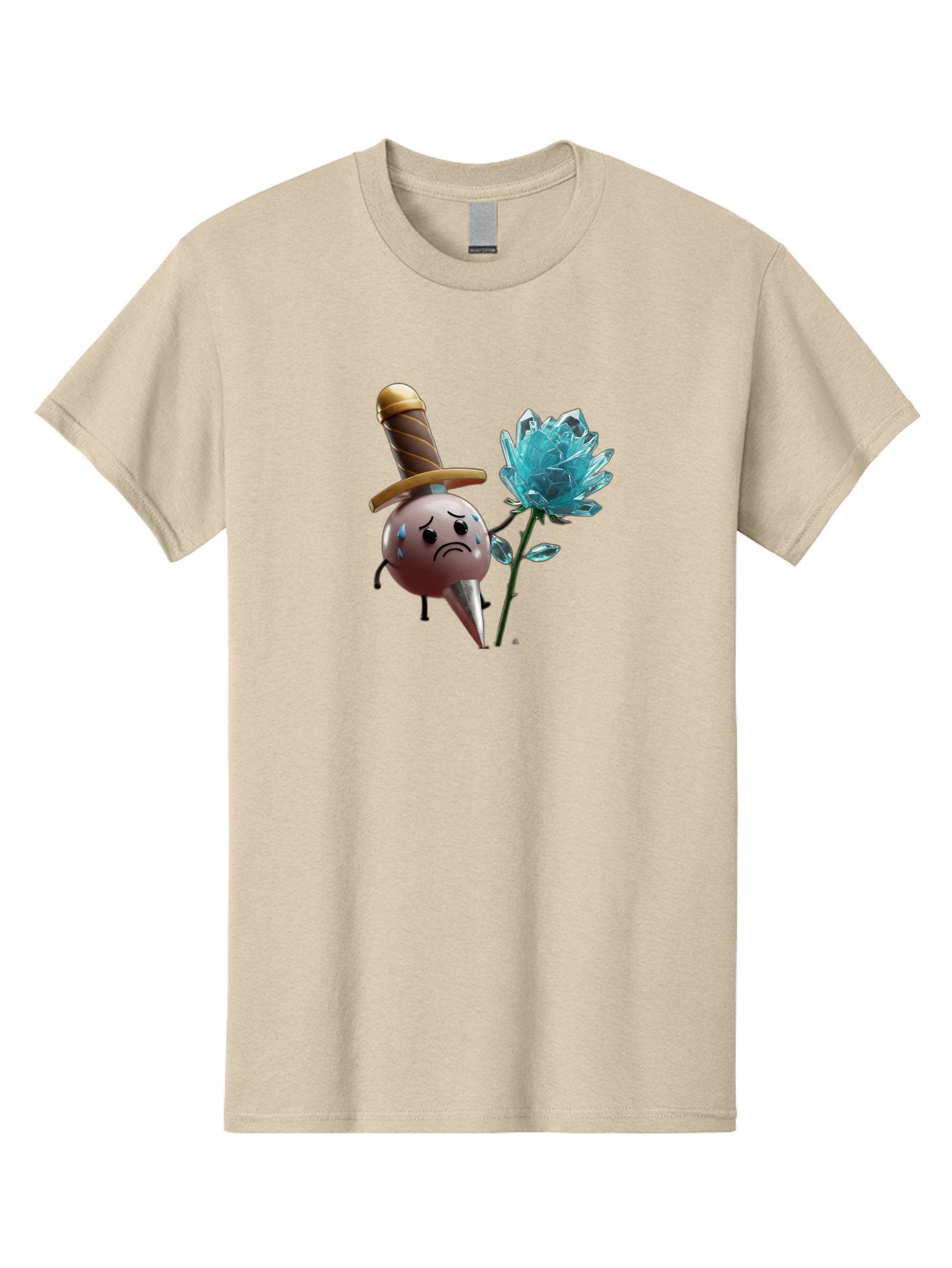 Sad-Bullet-Kin-With-Crystal-Flower Men'S Graphic Tee, 100% Cotton, Comfortable Casual Summer Wear, Machine Washable, Sad Bullet Kin, Crying Face, Blue Tears, Sword Hat, Crystal Flower, Cartoon Character, 3D Animation, Video Game Asset, Bae261 9