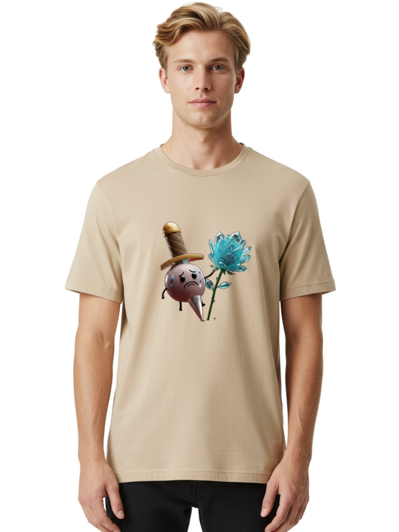 Sad-Bullet-Kin-With-Crystal-Flower Men'S Graphic Tee, 100% Cotton, Comfortable Casual Summer Wear, Machine Washable, Sad Bullet Kin, Crying Face, Blue Tears, Sword Hat, Crystal Flower, Cartoon Character, 3D Animation, Video Game Asset, Bae261 26