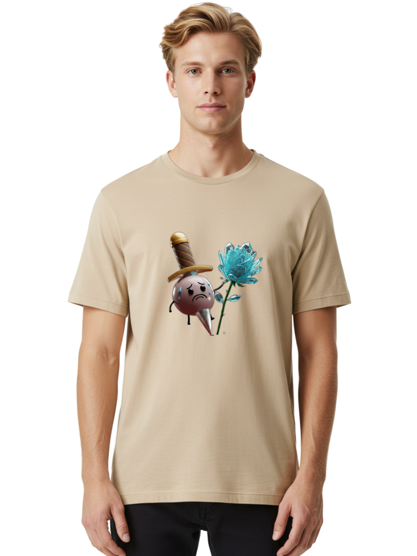 Sad-Bullet-Kin-With-Crystal-Flower Men'S Graphic Tee, 100% Cotton, Comfortable Casual Summer Wear, Machine Washable, Sad Bullet Kin, Crying Face, Blue Tears, Sword Hat, Crystal Flower, Cartoon Character, 3D Animation, Video Game Asset, Bae261 20